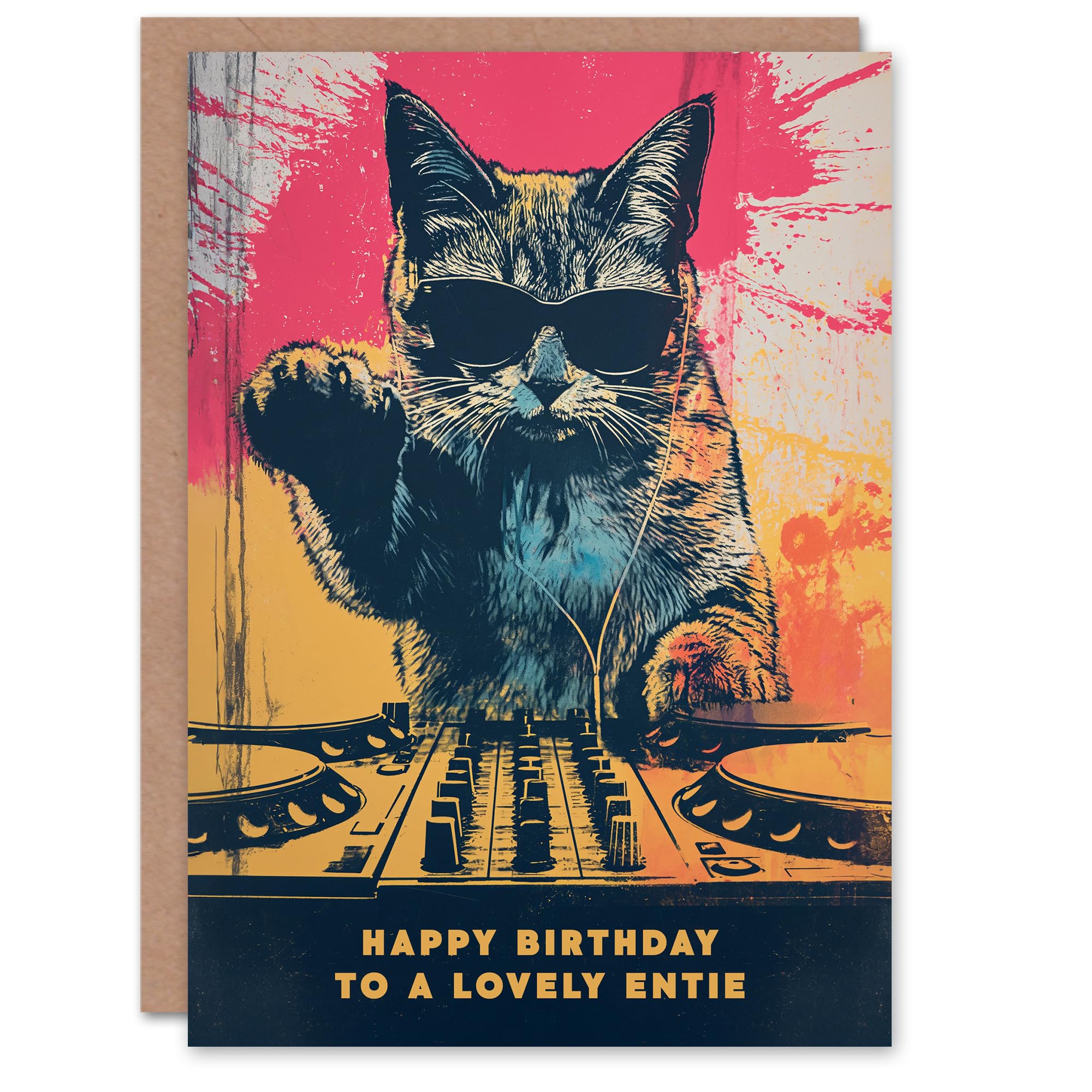 Artery8 Happy Birthday to a Lovely Entie Grunge DJ Cat Lover Vinyl Decks Records Music Non Binary Gender Neutral Card