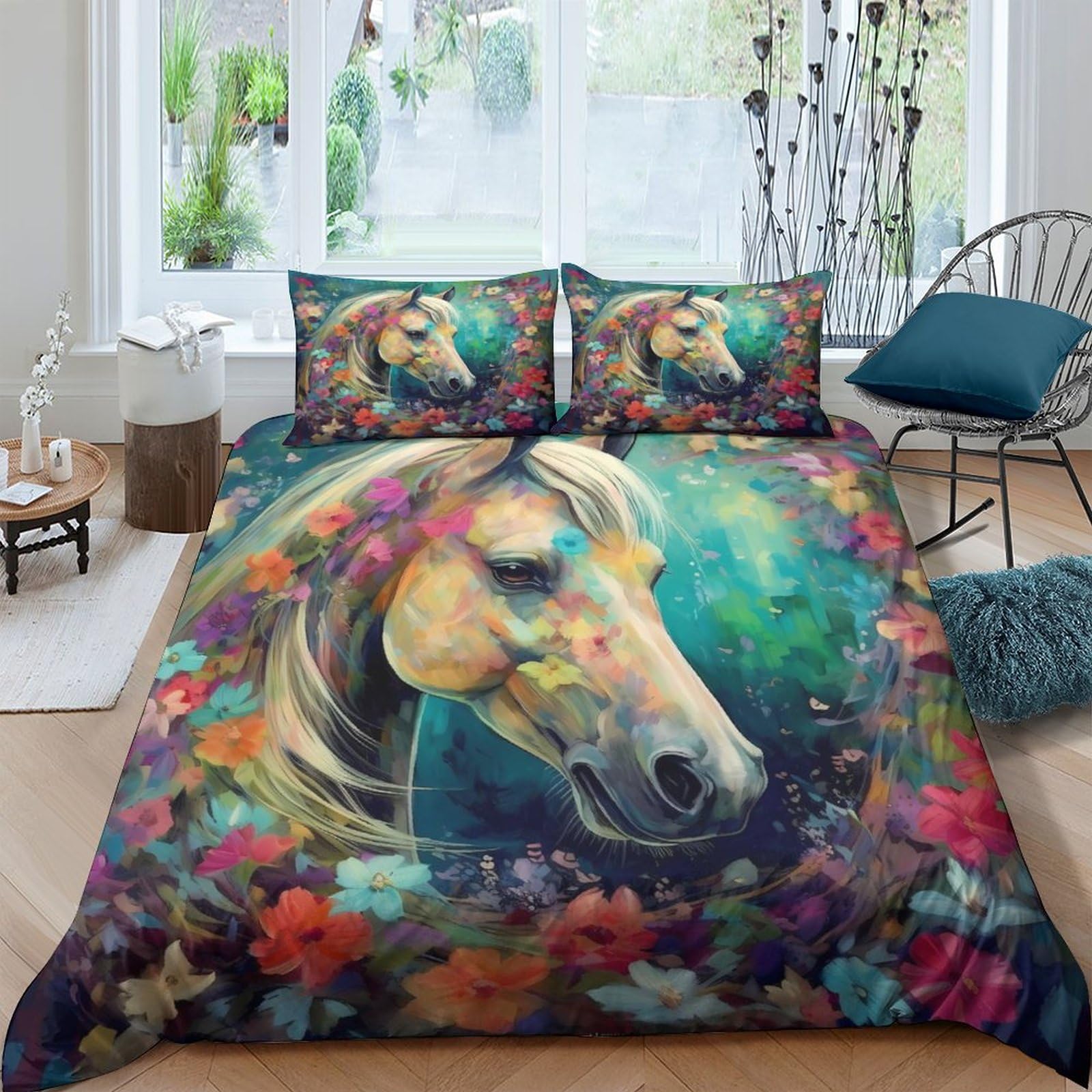 Housse de couette fleurs et chevaux 3D en microfibre 200x200 cm avec 2 taies d'oreiller