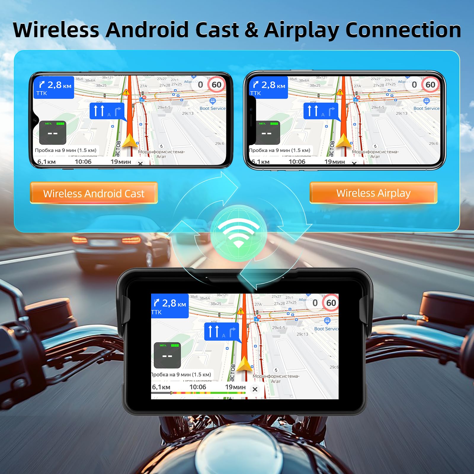 Schermo Carplay Portatile per Moto, Carplay Wireless e Android Auto per Moto, Schermo Touchscreen Impermeabile IP68 da 5 Pollici per Moto, Supporto GPS, Mirror Link, Bluetooth, Porta TF