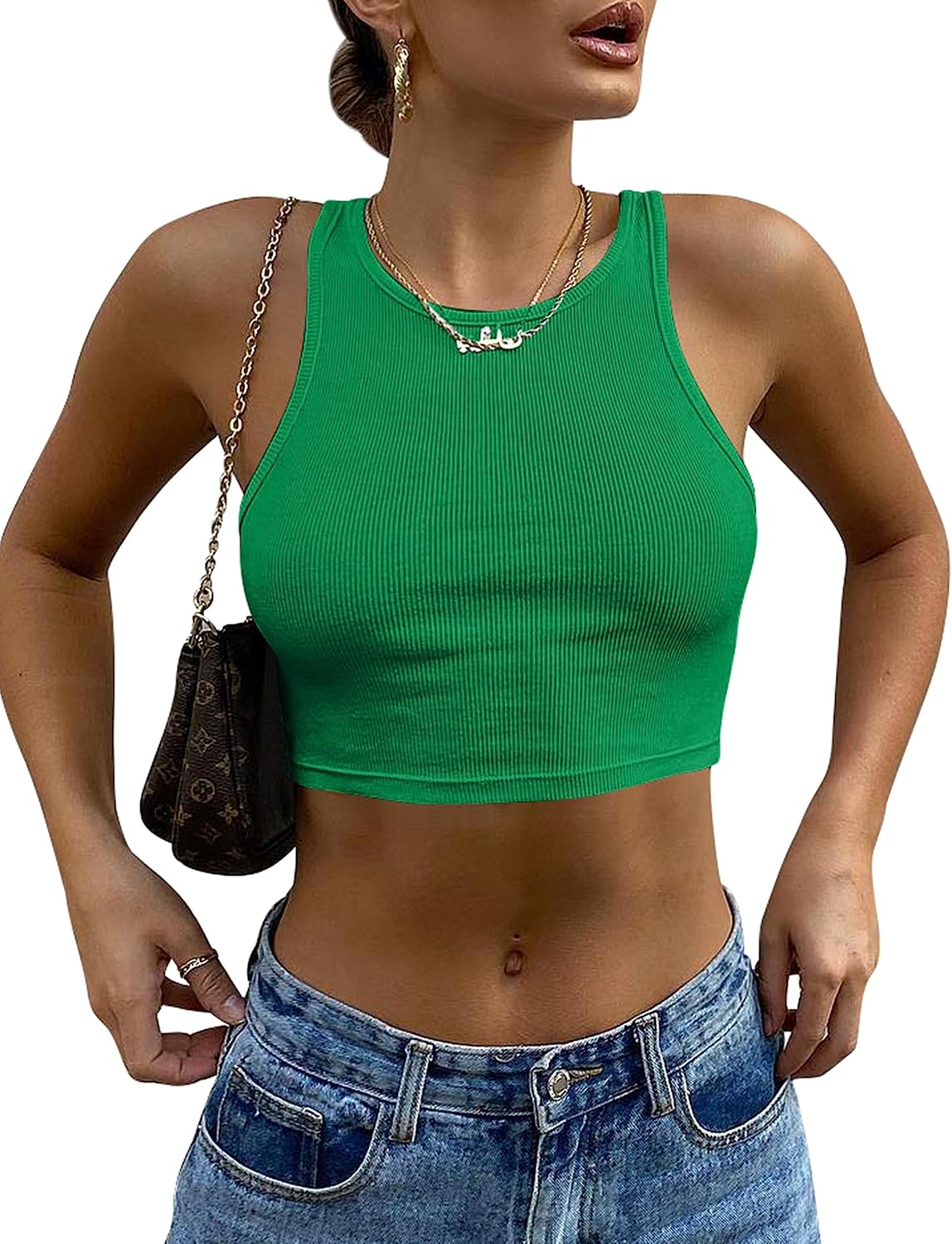 Mokoru Women's Sexy Sleeveless Crop Tank Top Basic Ribbed High Neck Racerback Cropped Top