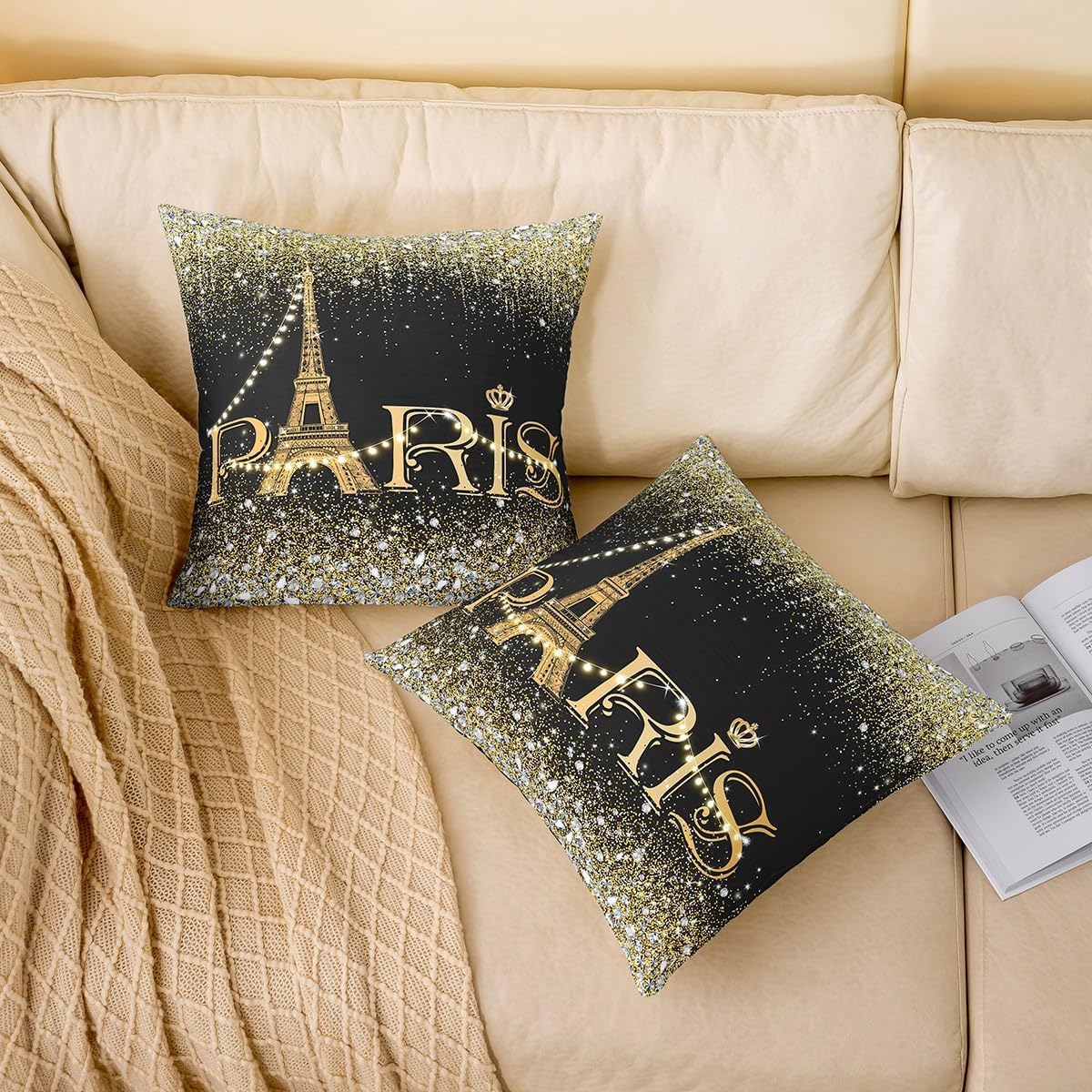 Erosebridal Paris Pillow Covers 22x22 Set of 2 for Girls Women,Black Golden Sparkle Eiffel Tower Throw Pillow Covers,Gradient Diamond Cushion Cases,Girly Sequins Accent Pillow Cases Home Room Decor