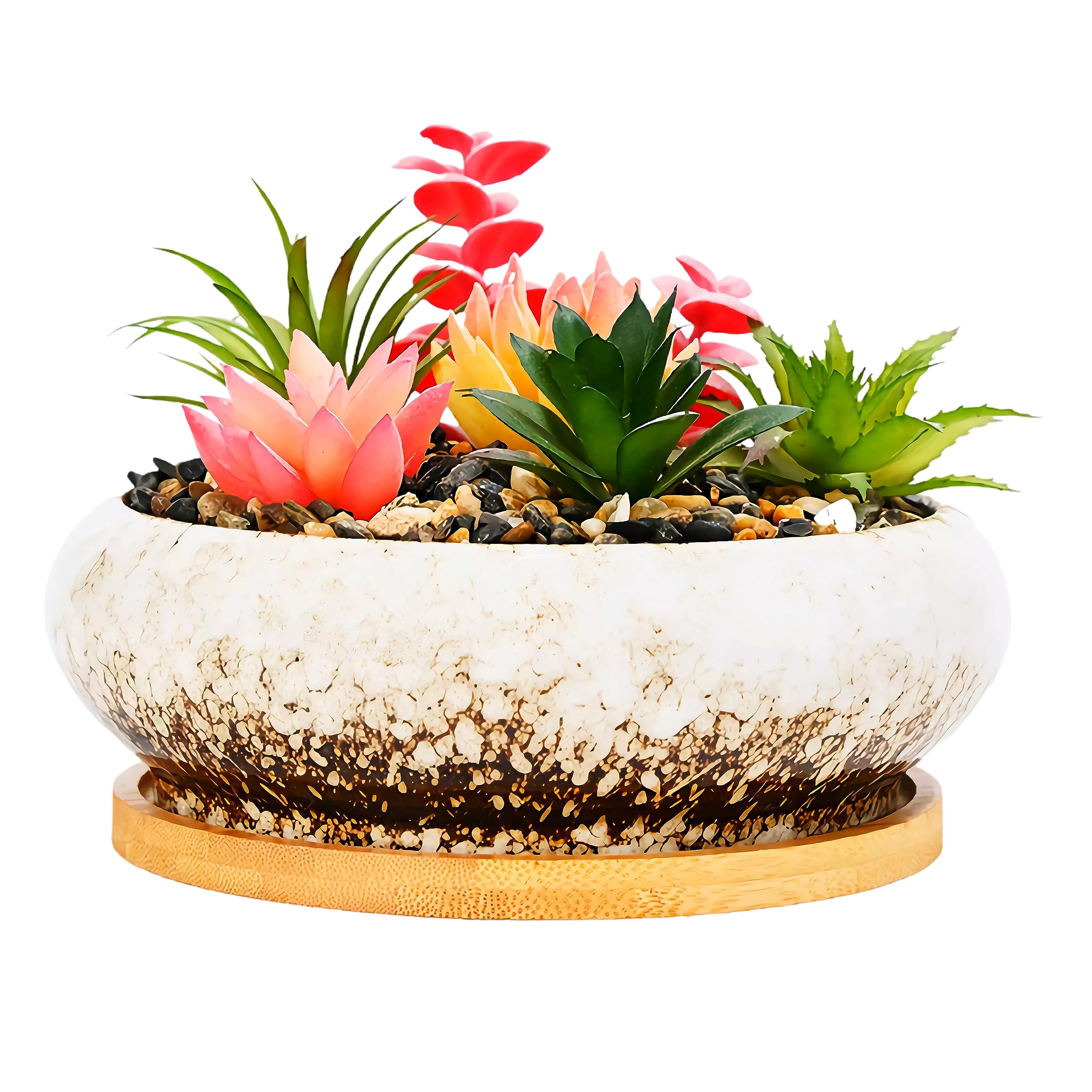 Cute Circular Ceramic Home Garden Decoration Succulent Cactus Flower Pots Container with Bamboo Tray -Plant Not Included (White)