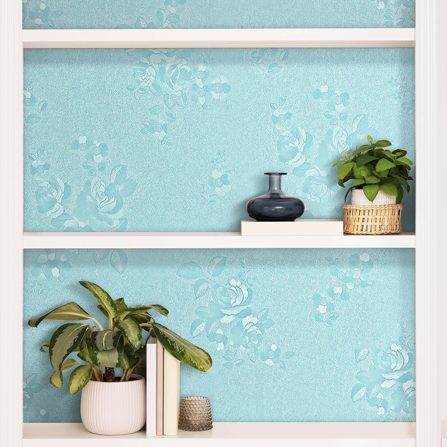 YENHOME Light Blue Floral Wallpaper Peel and Stick Prepasted Rose Floral Peel and Stick Wallpaper 17.7"X200" Blue Renter Friendly Wall Paper Decorative Contact Paper for Cabinets Shelves Walls