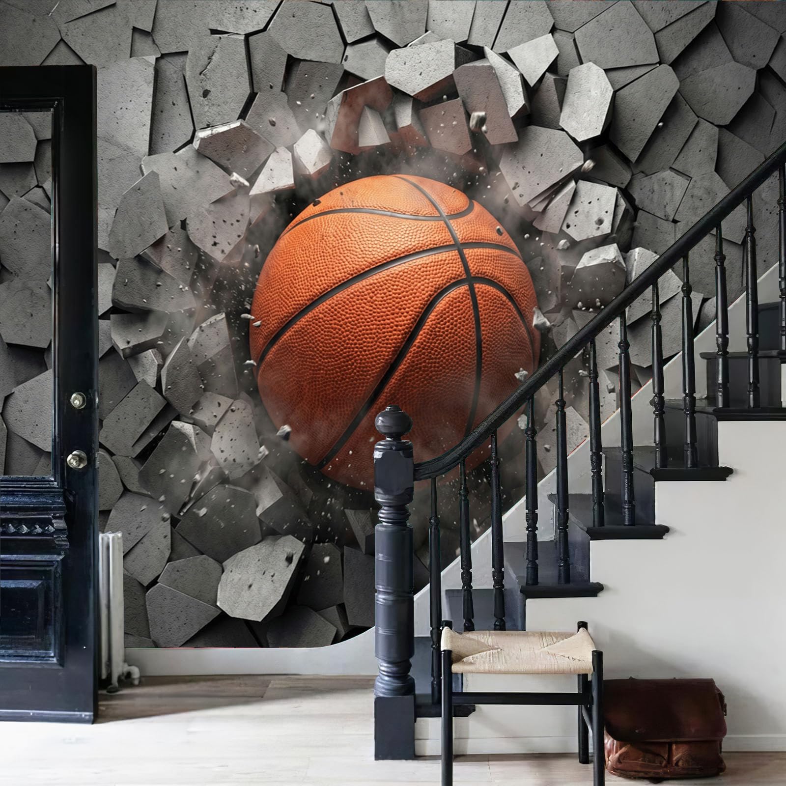 Papier peint panoramique ballon de basket 350x256cm effet 3D gris pour salon
