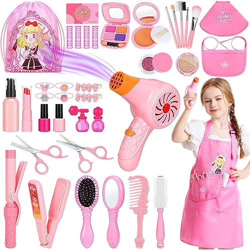 Hair Salon Toys for Girls, 39 Pc Pretend Play Makeup Toys Set, Beauty Play Hair Styling Kit with Blow Dryer, Barber Apron and Scissors Accessories for 3-9 Year Old
