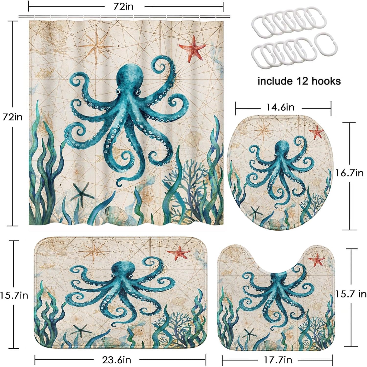 4 Piece Shower Curtain Set, Sea Coral Octopus Waterproof Bathroom Set Accessories with Non-Slip Rugs, Toilet Lid Cover Bath Mat and 12 Hooks, Beach Summer Ocean Animal Home Decor 72" x 72"