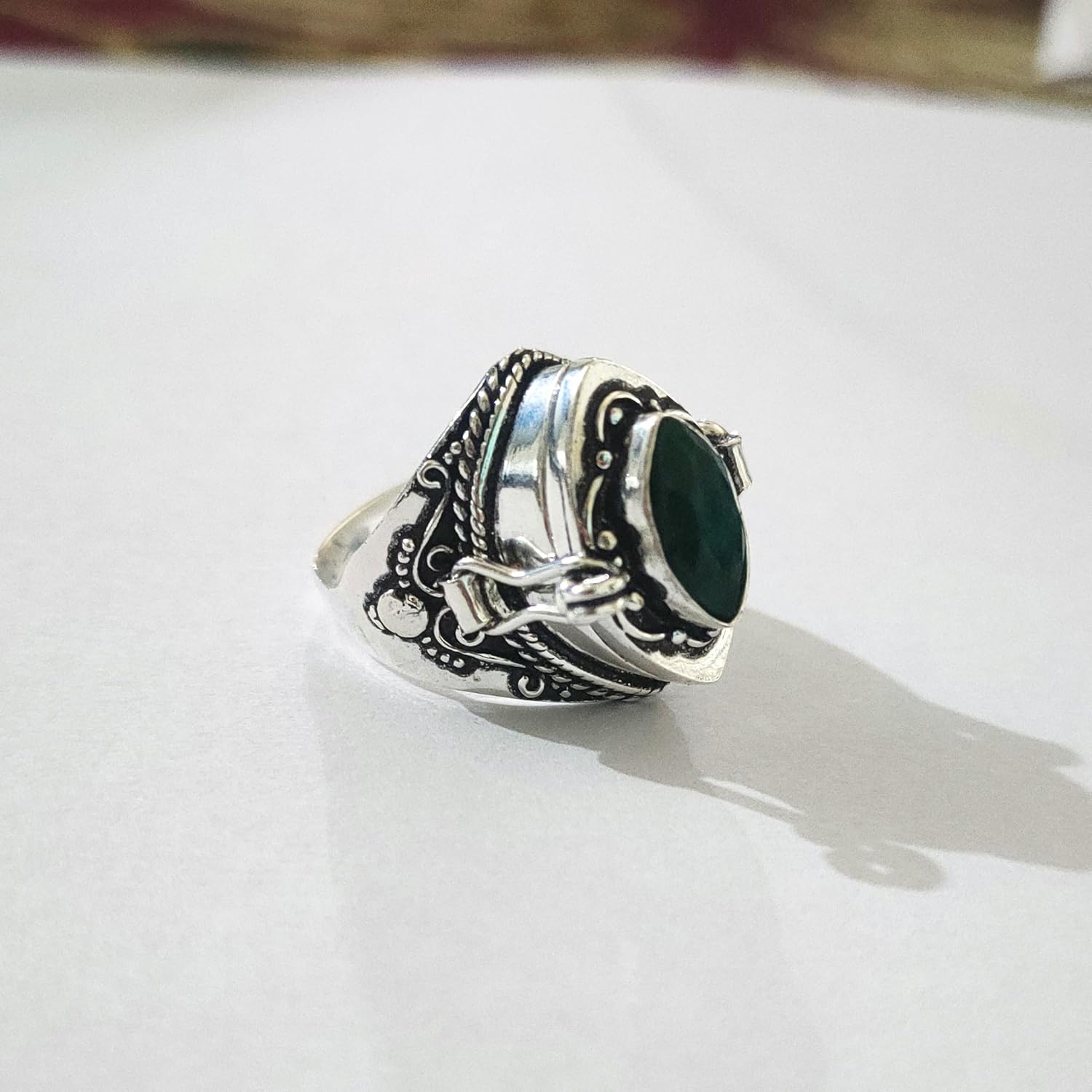 Handmade Marquise Green Emerald Stone Pill Box Ring, Poison Box Ring, Green Emerald Stone Ring, Pill Box ring, Poison Box Ring, Marquise Stone Ring, Handmade Jewelry, Perfume Box ring, Snuffbox ring,
