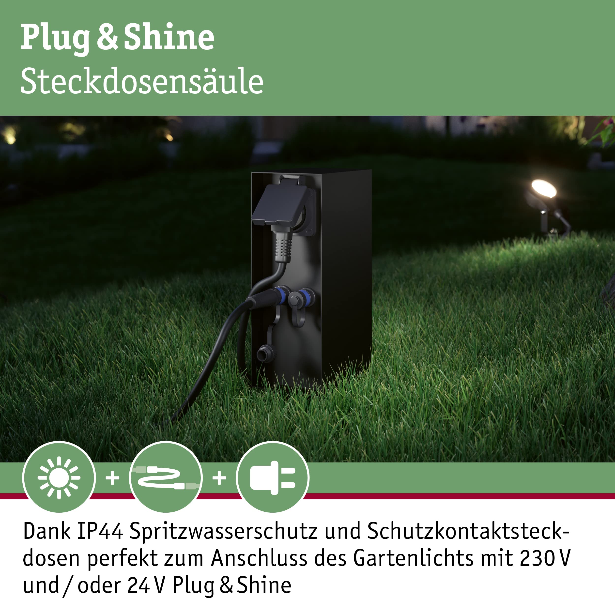 Paulmann 94701 Plug & Shine - Lámpara de exterior con sensor crepuscular, IP44, conectores 2 x 230 V, 2 x Plug & Shine 24 V