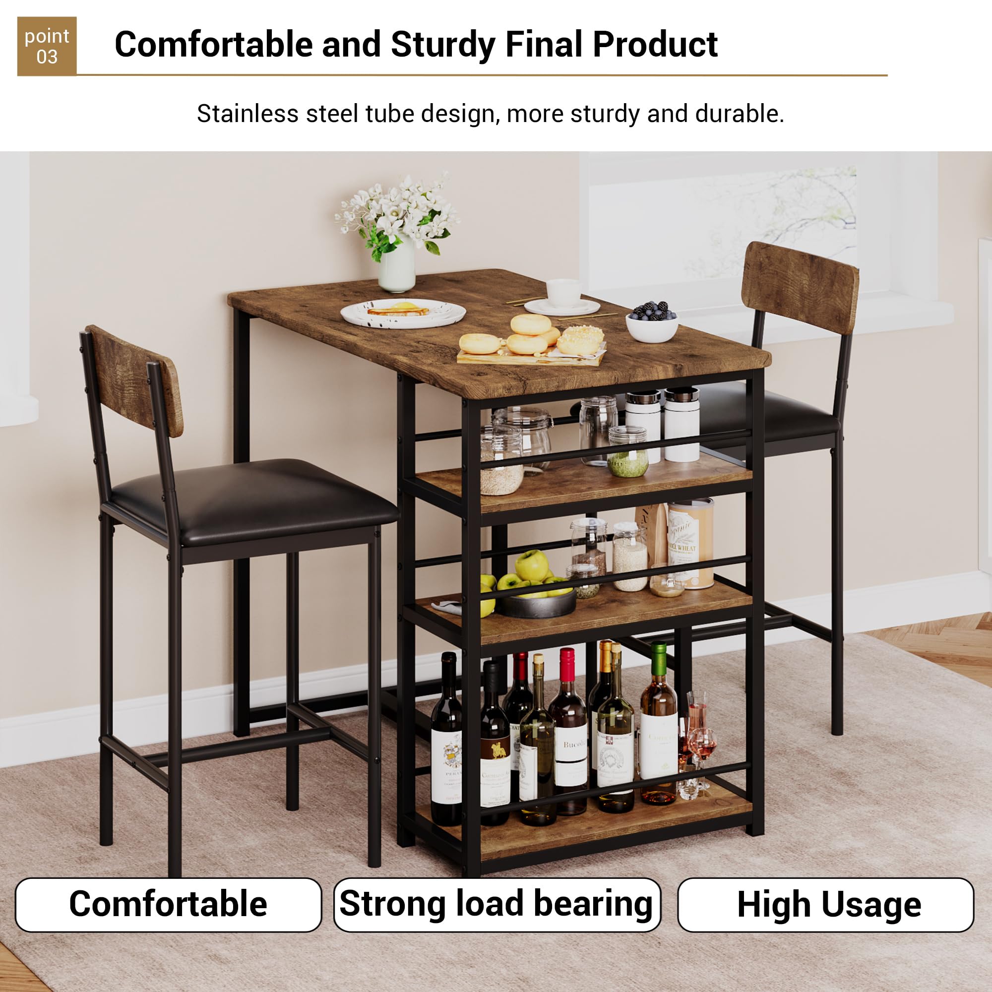 PortoAlegre Bartisch mit Barhocker Set, Esstisch Set für 2 Personen mit 2 Gepolsterten Barstühlen, 3 Ablageflächen Tresentisch Essgruppen für Kleine Räume,Esszimmer, Küche,Braun