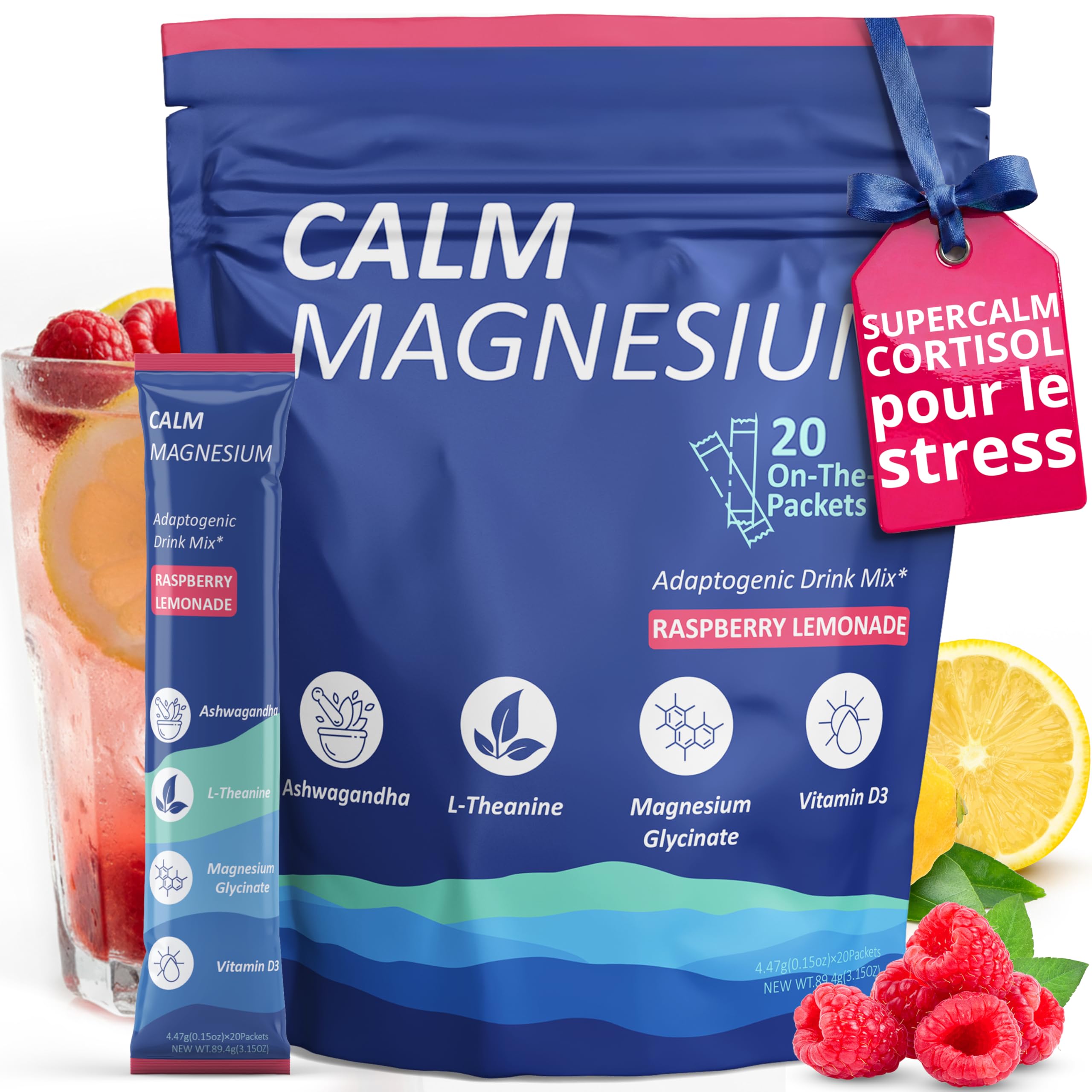 Supercalm Cortisol Drink Blend Packets Calming Magnesium for Relaxation Concentration and Sleep Raspberry Lemonade No Sugar Non-GMO Vegan (20 Servings)