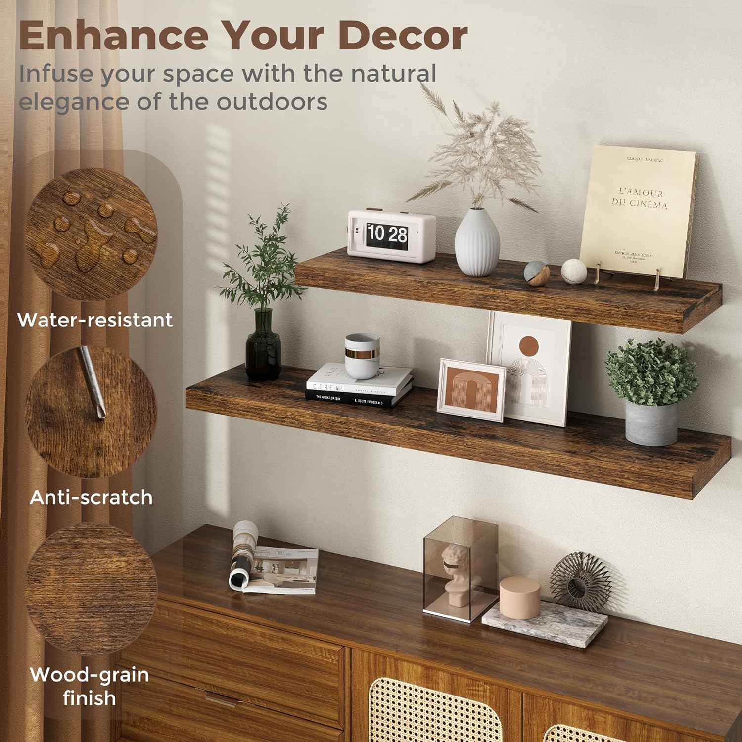 Fun Memories 30 Inch Brown Floating Shelves for Wall, 12 Inch Deep Shelves for Bathroom|Kitchen|Bedroom, Wall Mounted Rustic Wood Floating Shelf with Invisible Brackets for Books|Storage|Decor, 2 Pack