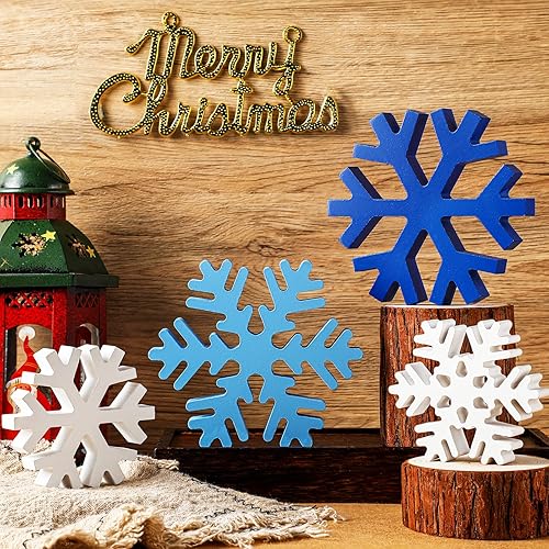 Miniatura 13 de Blulu 4 piezas de copos de nieve de madera de invierno, decoración de mesa, letreros de copo de nieve de Navidad, letreros de madera de invierno