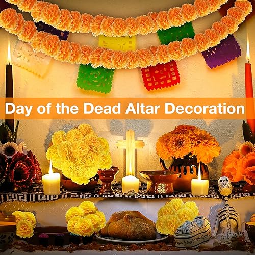 Miniatura 5 de Paquete de 100 flores artificiales de caléndula con tallos mexicanos, flores falsas mexicanas, guirnaldas de caléndula para decoración tradicional