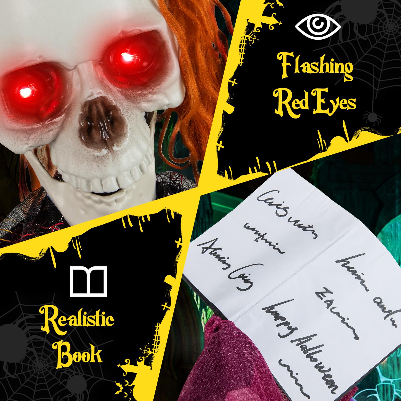 Tangkula Scheletro animatronico di Halloween con libro, spaventoso puntello animato con suoni ululanti, occhi rossi lampeggianti e braccia posizionabili, decorazione di Halloween in piedi per veranda