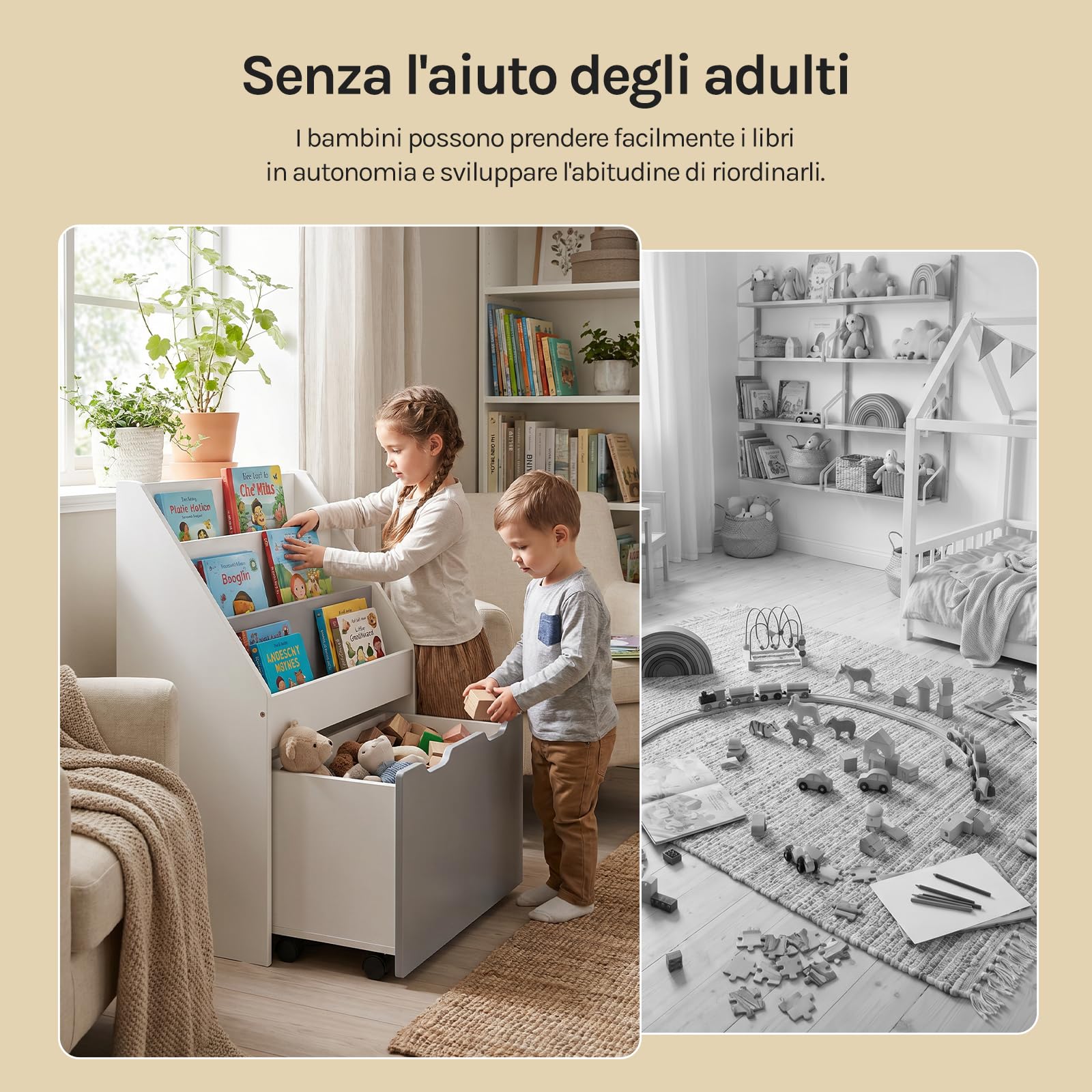 WOLTU Estantería para Niños, Librero Infantil | con 4 Ruedas y 5 Estantes Pequeños, para Habitación Organizador Multiusos, Estante de Mini Libreria, Blanca+Gris
