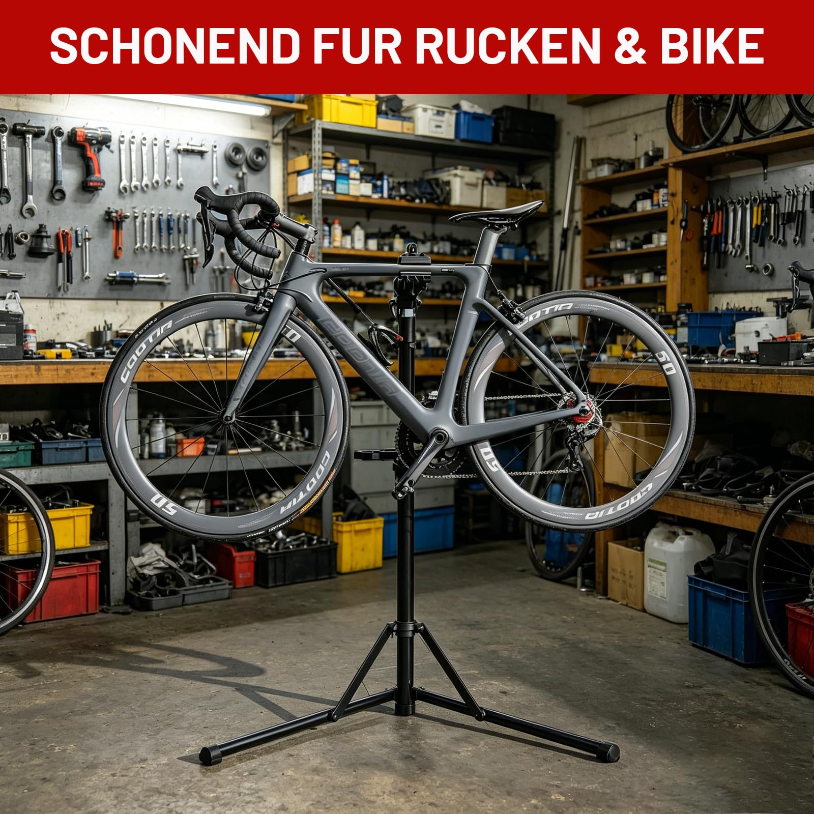 Warmfay® Fahrradmontageständer Profi 50kg für E-Bike, Klemmkopf 360° Drehbar, Klappbar & Höhenverstellbar Fahrrad Reparaturständer mit Reparaturset und Werkzeugablage, für ∅ 25 bis 50mm Fährräder