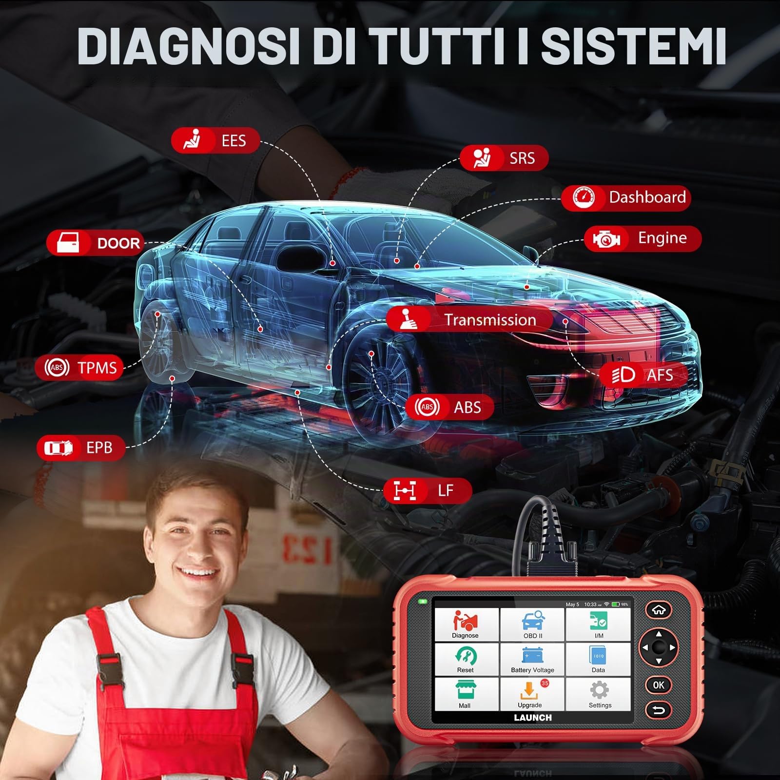 LAUNCH CRP123E Plus OBD2 Auto Diagnostica, Diagnosi Autos Professionale, Sistemi Completi per Veicolo ENG/AT/ABS/SRS/Door/EPB/EES/cruscotto/LF, con 3 Reset Service, WiFi Aggiornamento