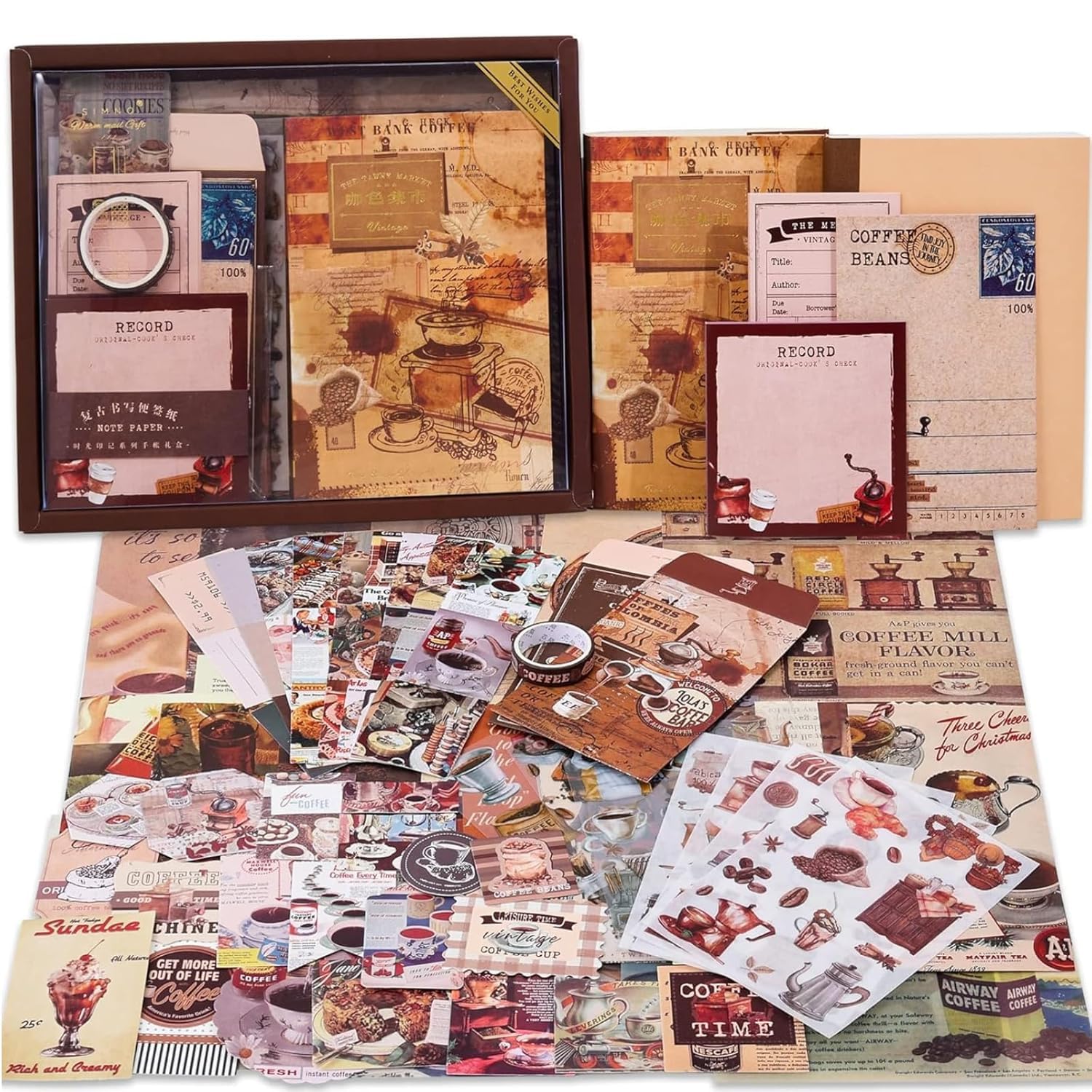 VIBE VISTA Vintage Aesthetic Scrapbook Kit, 346 Pcs, A6 Grid Notebook, Washi , Envelopes, Folding Labels, Background Papers, Photo Frames, Calendar Stickers (Coffee Bazaar, Coffee)