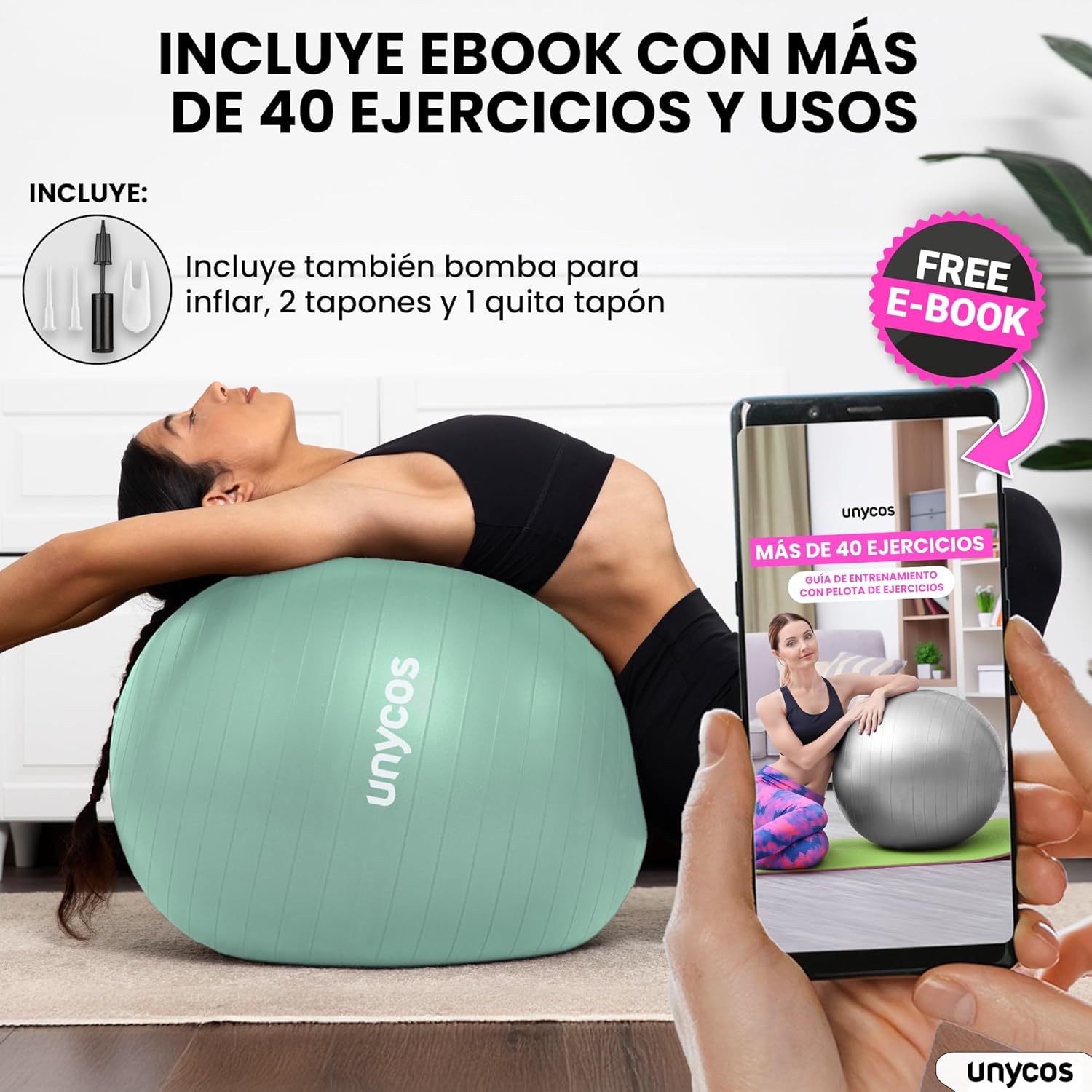 Pelota Pilates unycos en su empaque y descripción técnica