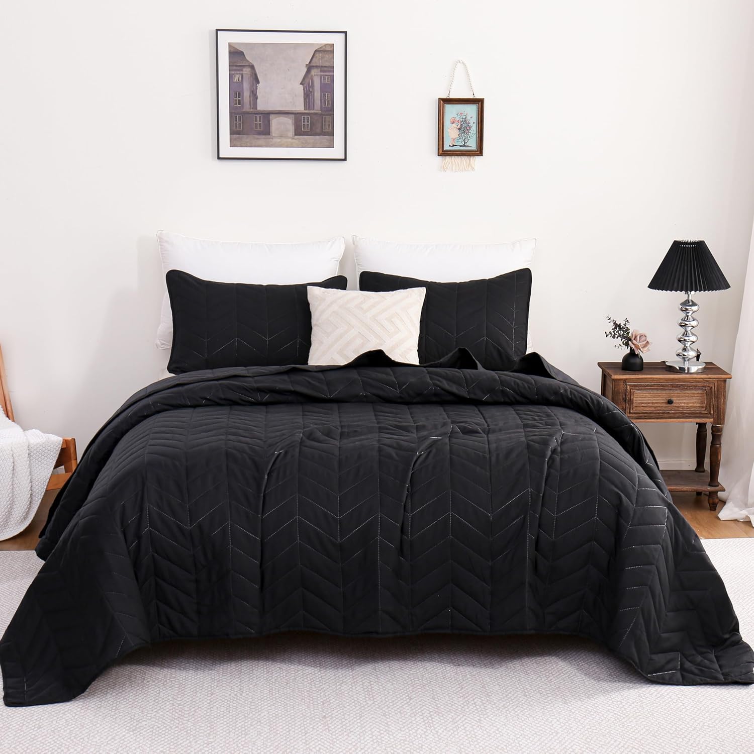 DOWNCOOL Black Queen Quilt Bedding Set, 3Pcs Queen Quilt
