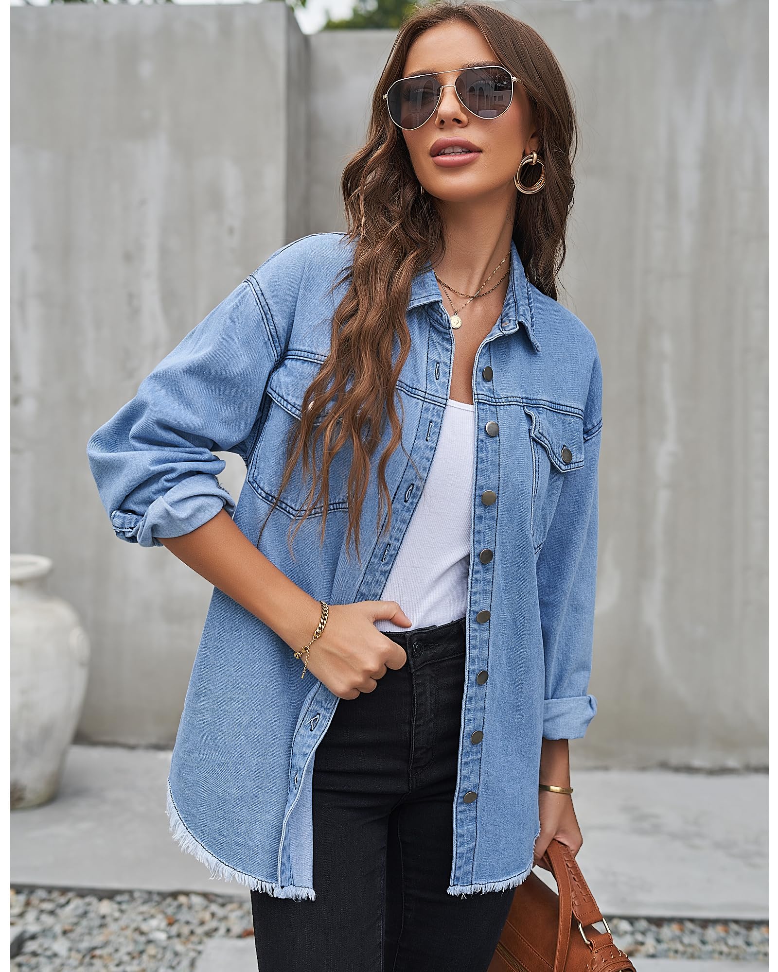 Roskiky Jacke Damen Oversized Button Up Frayed Hem Shacket Langarm Taschen Denim Jean Jacket