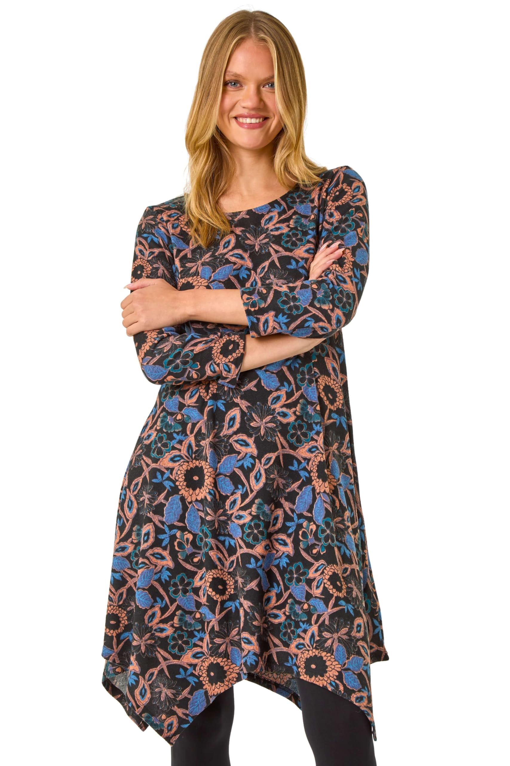 Roman Women's Navy Floral Print Hanky Hem Stretch Dress Size 10