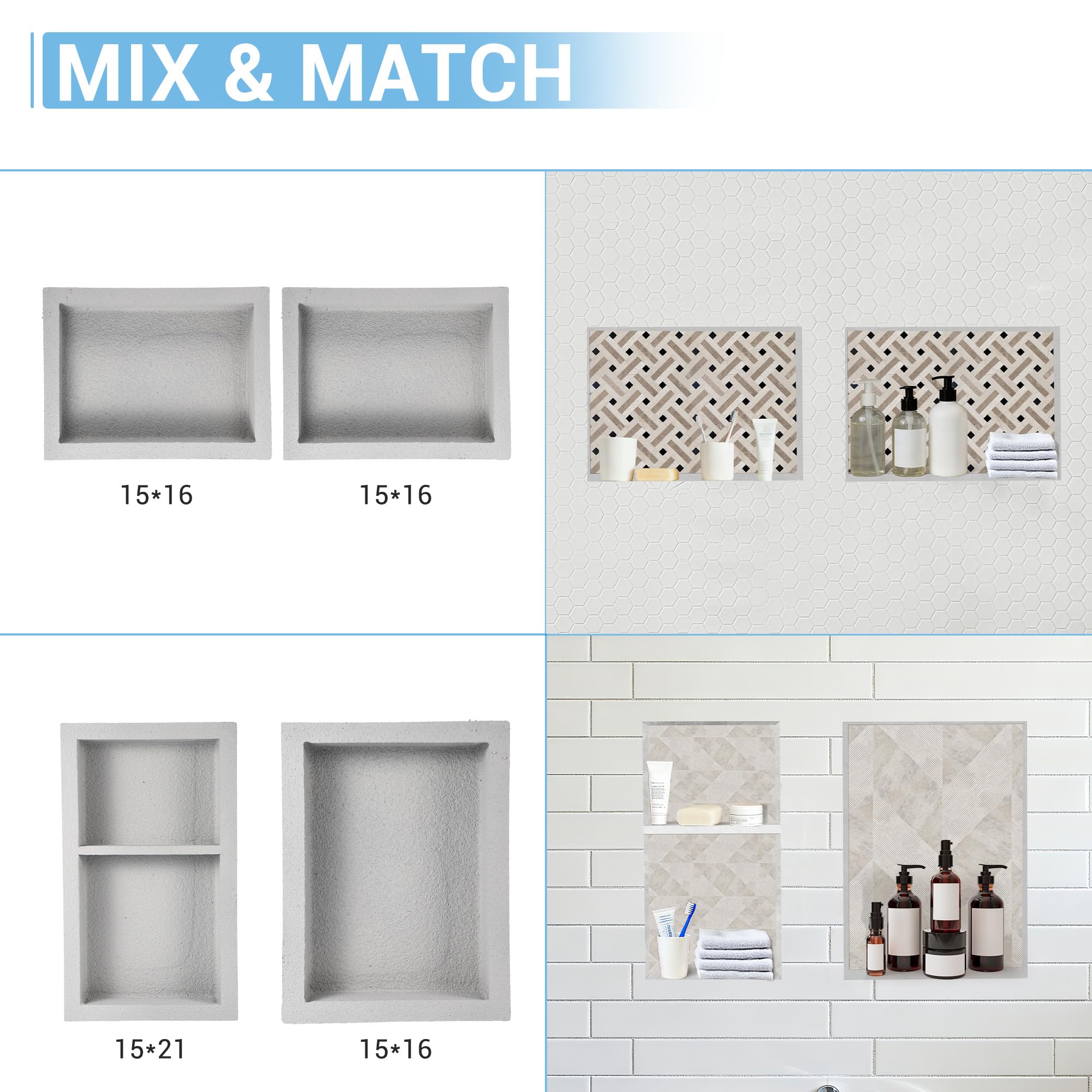 Fliesenfertige Dusch-Nische 12 x 20 Zoll, wasserdichtes Einbau-Duschregal für Bad & Dusche – nahtlos integrierbar, einfache Montage, moderne eckige Ecken – Grau