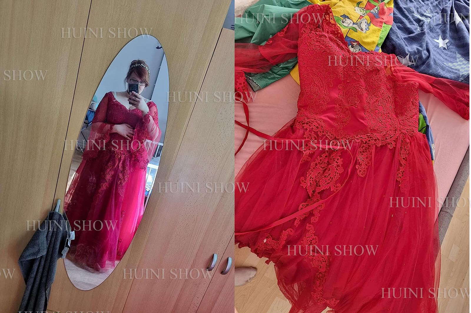 HUINI Ballkleider Lang Spitze Brautkleider Langarm Quinceanera Kleider V-Ausschnitt Prinzessin Hochzeitskleider