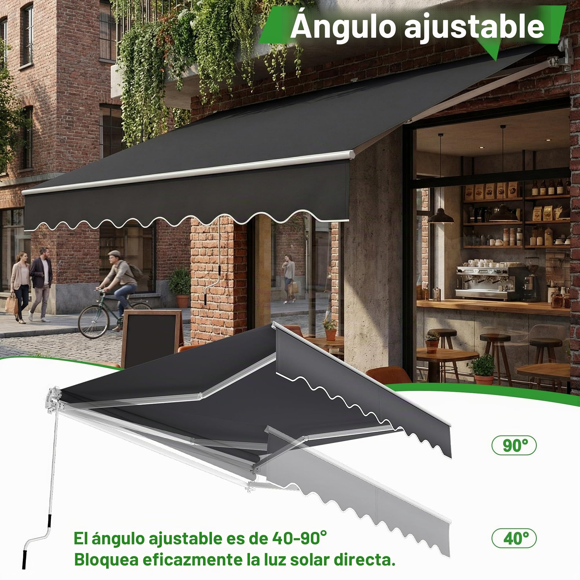 UISEBRT Toldo de aluminio con brazo articulado, 250 cm de ancho, toldo para balcón, protección solar, con brazo de sujeción manual, resistente al agua, color gris oscuro (300 x 250 cm)