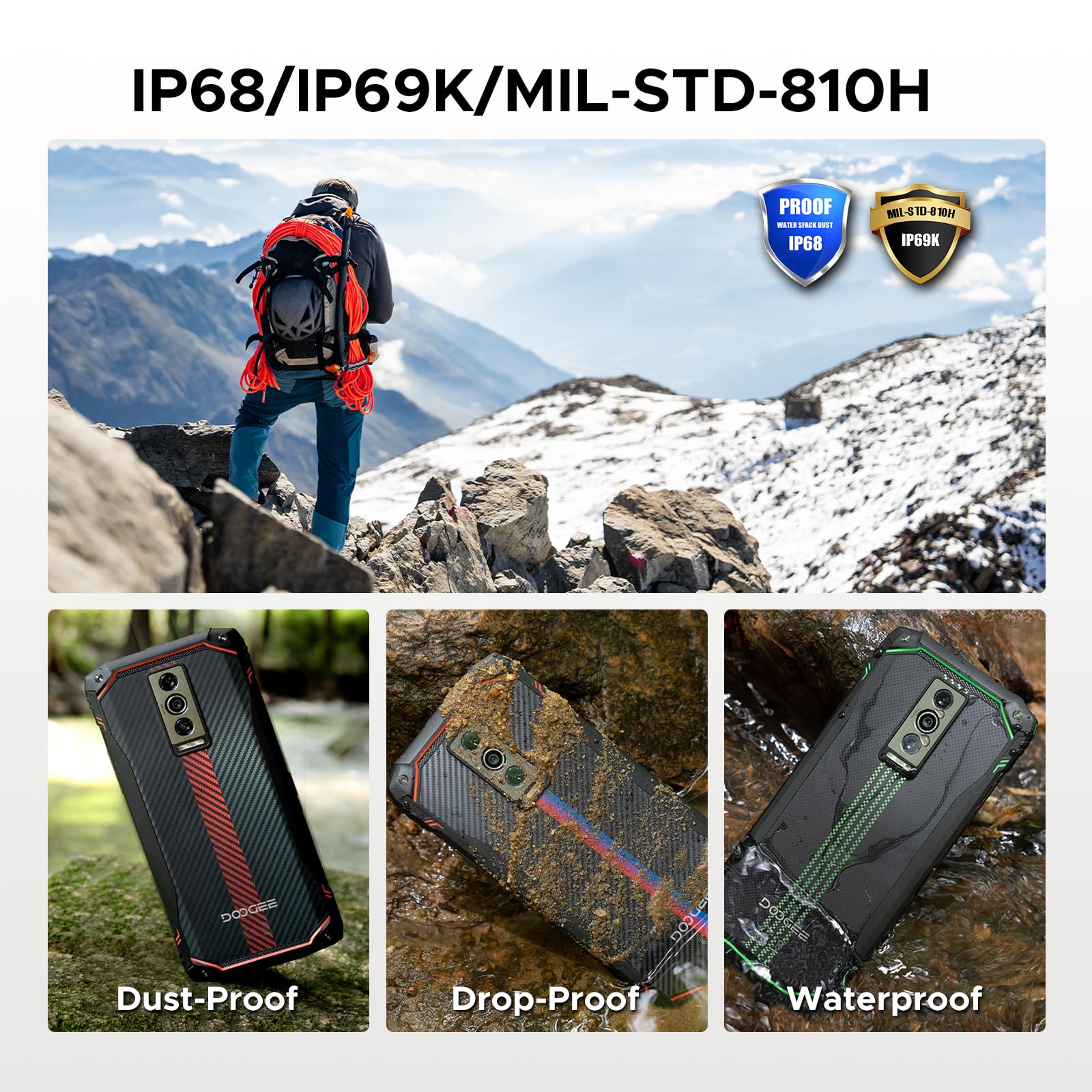 DOOGEE Blade10 Energy Android 15 Rugged Smartphone 4.5G,10.7mm Ultra-Thin,24GB+128GB/TF 2TB Octa Core Rugged Phone,6.56"HD+ 90Hz,16MP Camera,IP68/IP69K Waterproof Phone,6150mAh/Widevine L1/NFC/Face ID