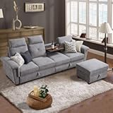 Convertible Sectional Sofa with Storage&comma; 4 Seat L Shaped Couch with Chaise and Cup Holder&comma; Modern Microfiber Fabric Sofas Couches for Living Room&comma; Light Grey