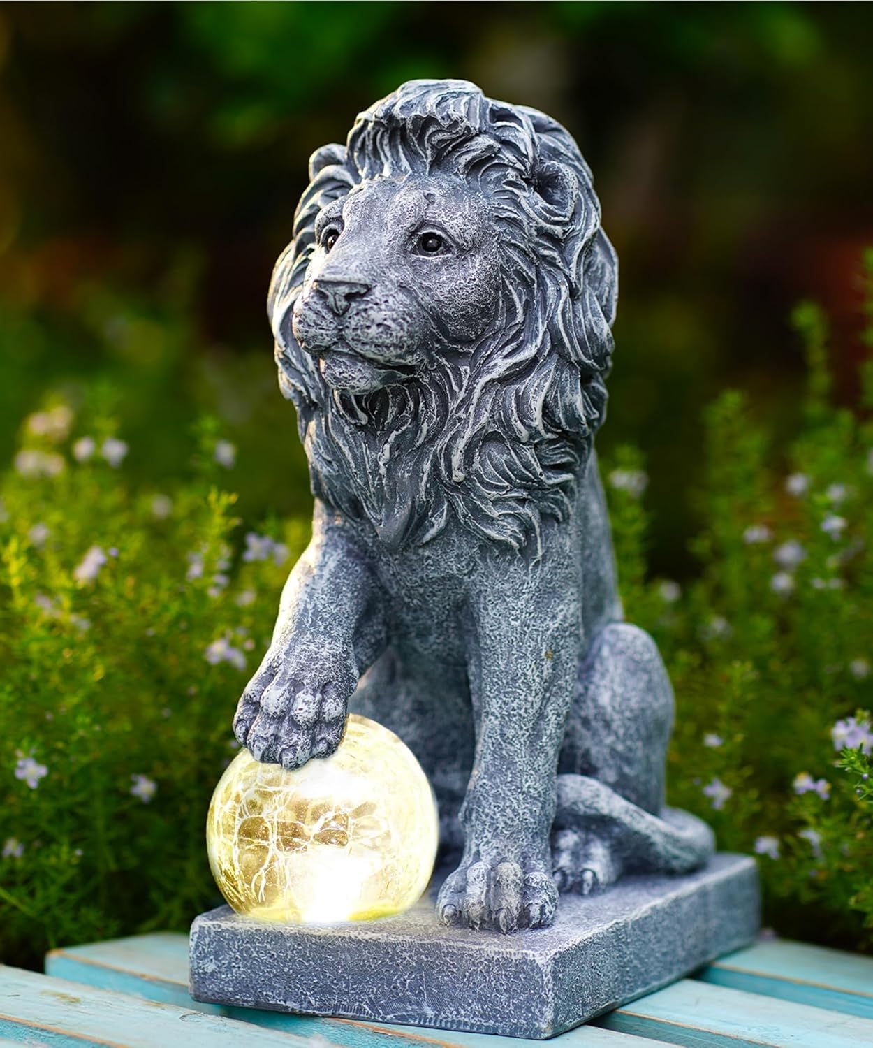 Lion Statue for Garden Decor: Outdoor Figurines Sculpture with Ball for Lawn Patio Yard Balcony - Gifts for Mom Grandma Women Solar Lion Statue
