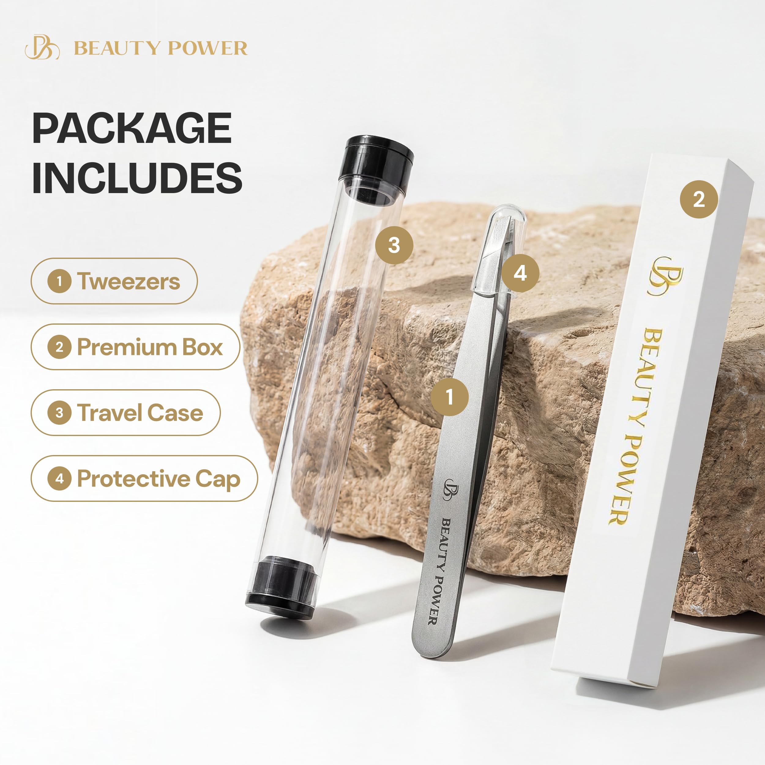 Beauty Power Pinzas profesionales, inclinadas, duraderas, ligeras, de acero inoxidable alemán, pinzas de ultra precisión para cejas, vello facial, barbilla y depilación encarnada (gris mate)