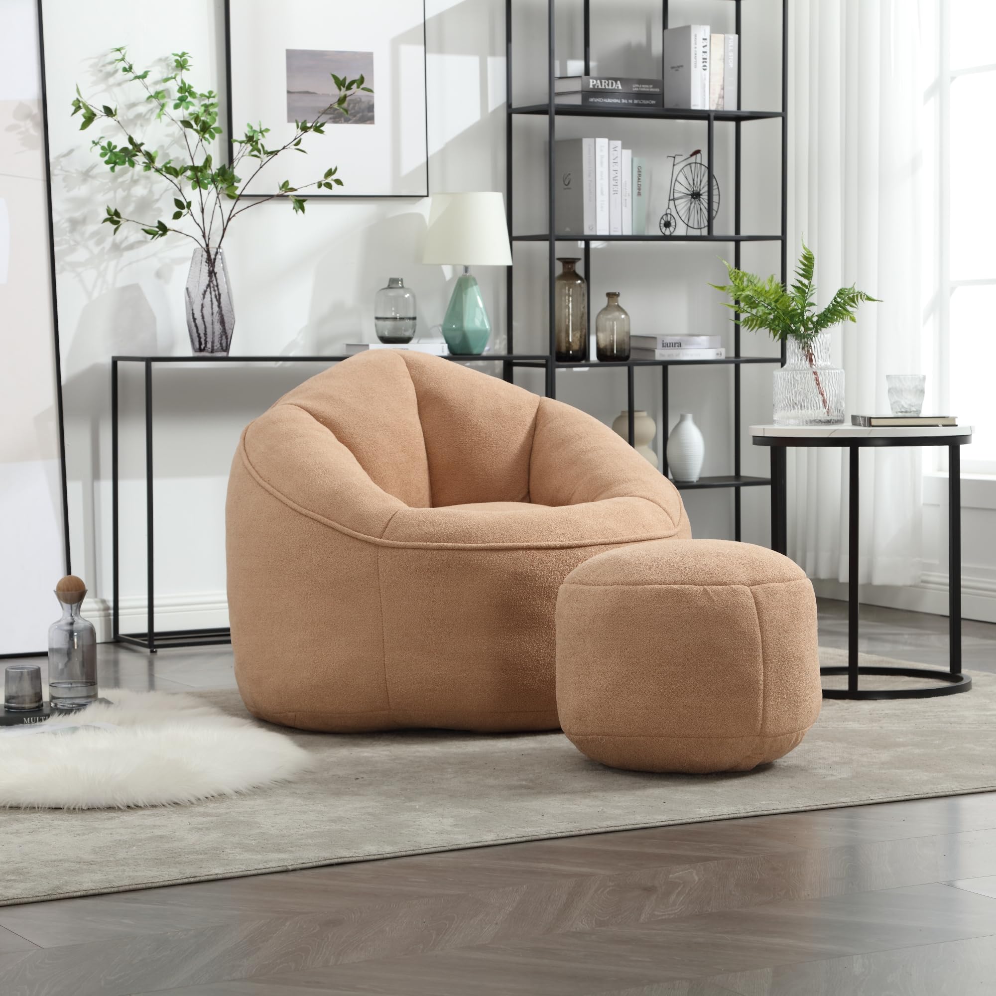 Cozy Bean Bag Sofa Chair with Ottoman,Modern High-Pressure Foam Lazy Seating for Living Room & Bedroom,Stylish Accent Chair (Tan)