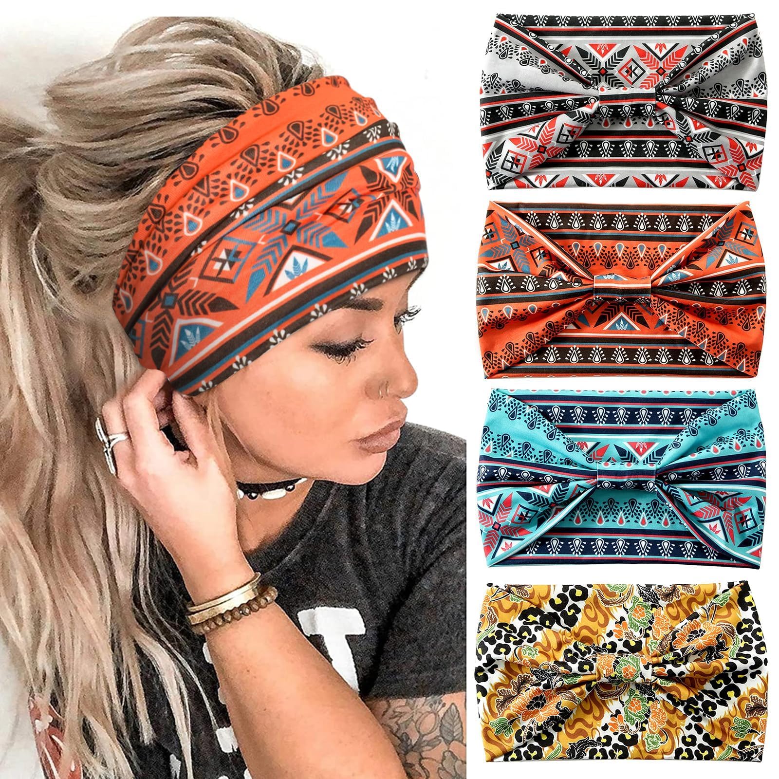 Kavya Fascia Capelli Donna, 4 Pezzi Elastico Bandana Elegante Accessori Sportiva Yoga Donna Boho Fasce Elastiche Multicolore