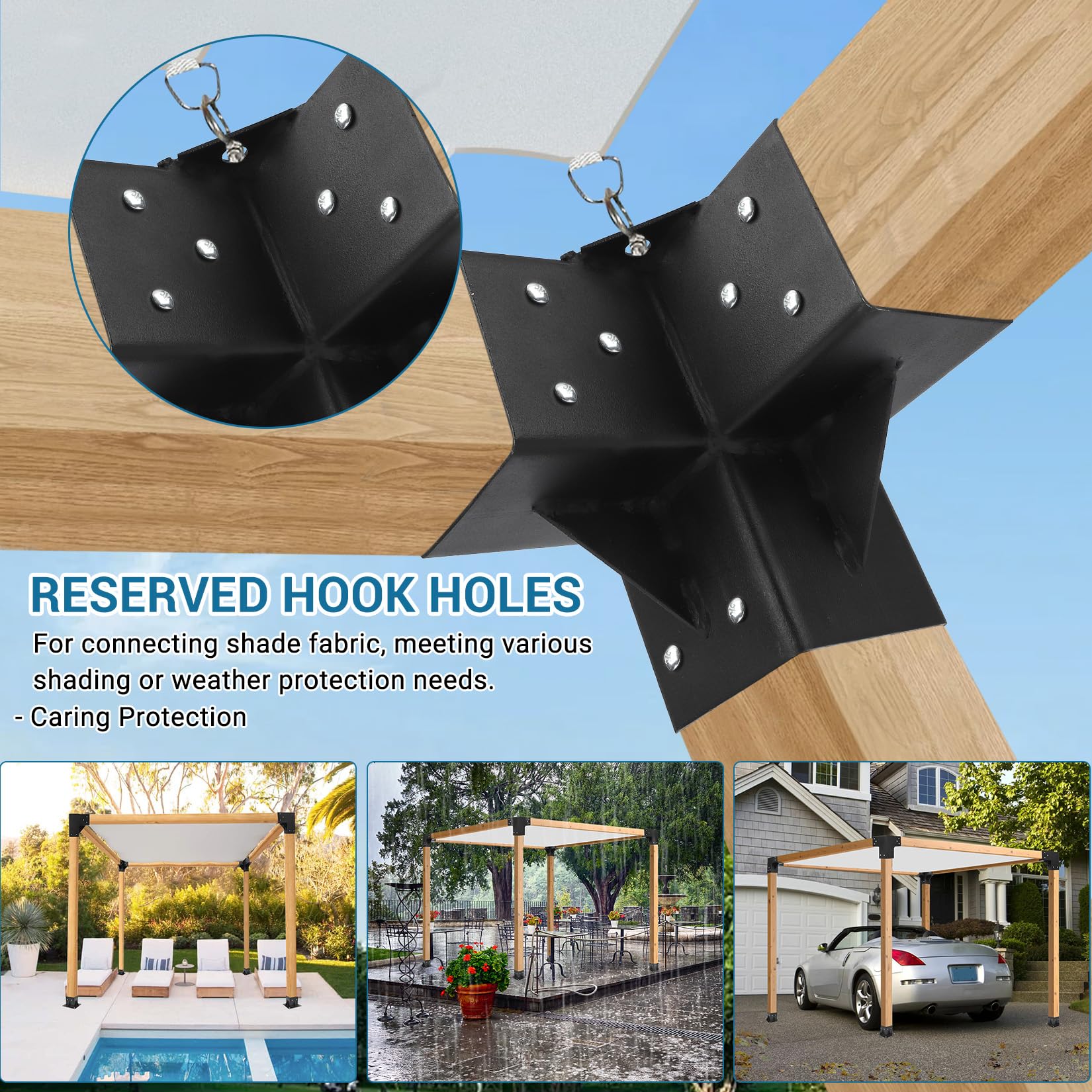 4-Pack 3-Way Pergola Brackets For 6x6 Lumber - Powder Coated, Right Angle Corner Hardware Kit