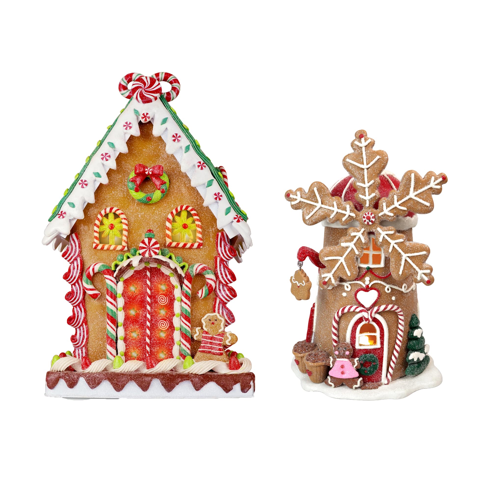 KPCB Gingerbread Christmas Decor - Prelit Gingerbread House Decorations with Timer - Table Centerpiece Cookie Holiday Decor 14'', 9.8"
