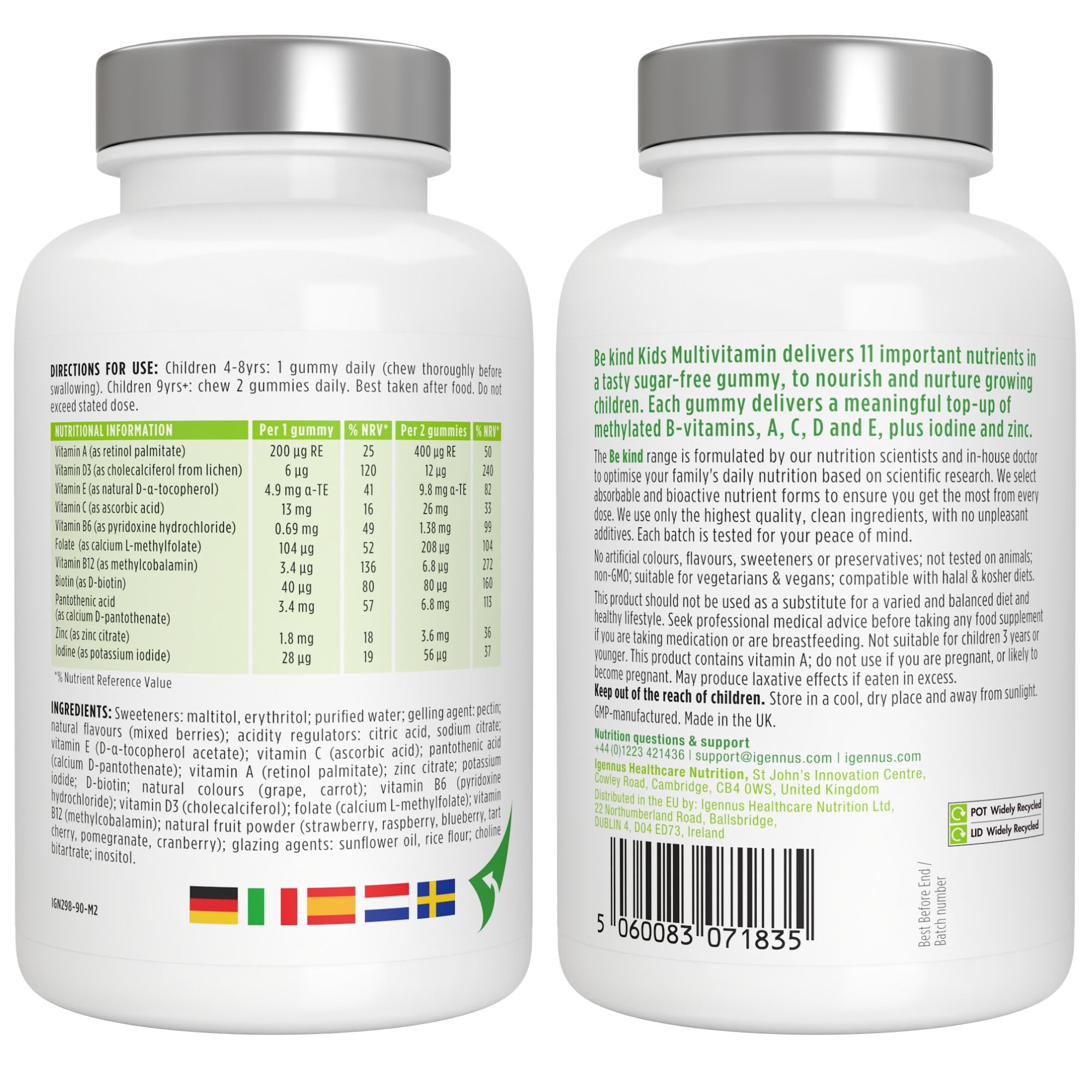 Multivitaminico Metilato per Bambini Età 4+, Vitamine Gommose Senza Zucchero con Vitamine B Biodisponibili e Vitamina D, Ingredienti Puri e Testasti da Terzi, 90 Caramelle ai Frutti di Bosco, Igennus