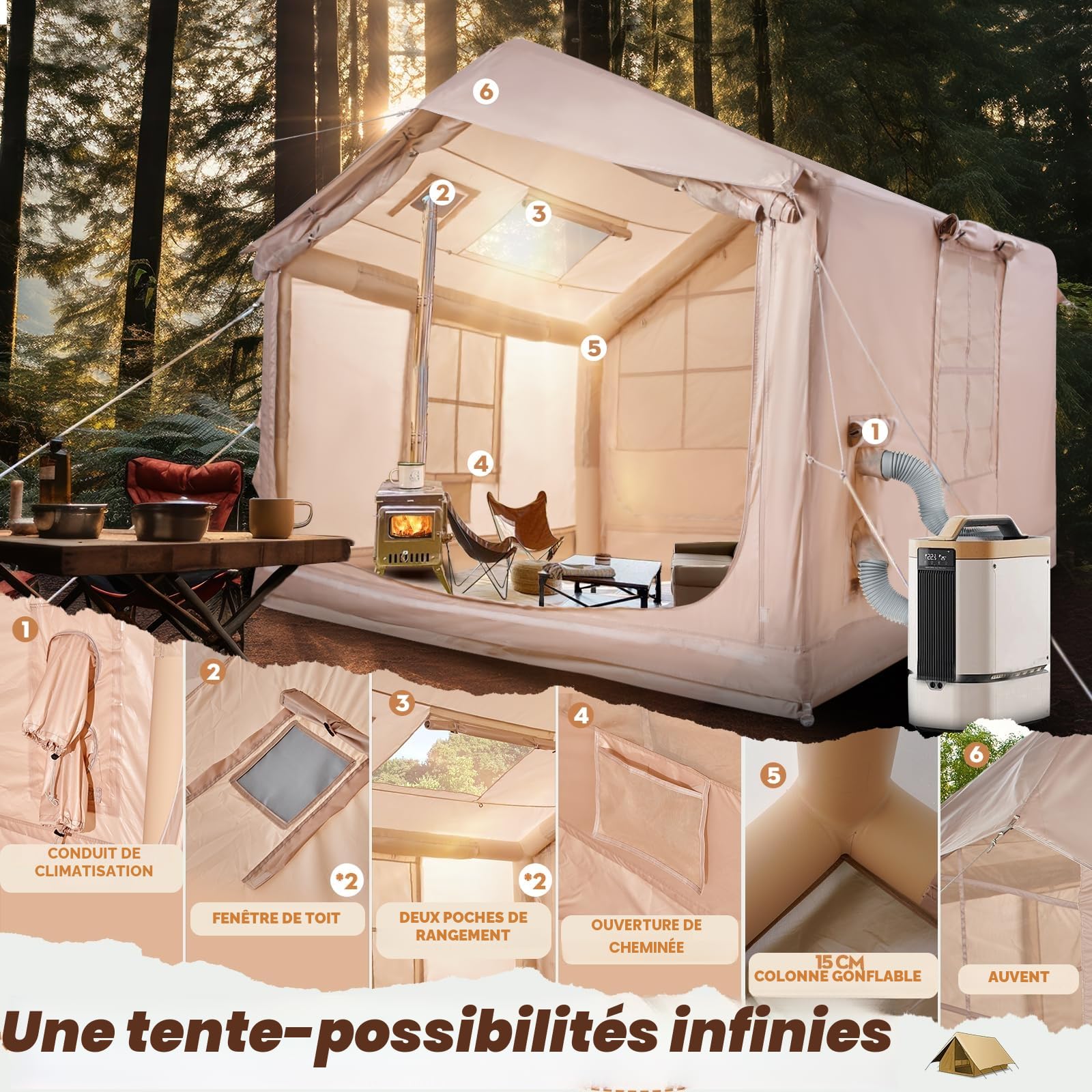 Tente de camping gonflable avec ouverture de cheminée et fenêtre de toit, tente d'extérieur pour 2 à 10 personnes, avec pompe à air, en tissu Oxford imperméable, pour 4 saisons, montage rapide