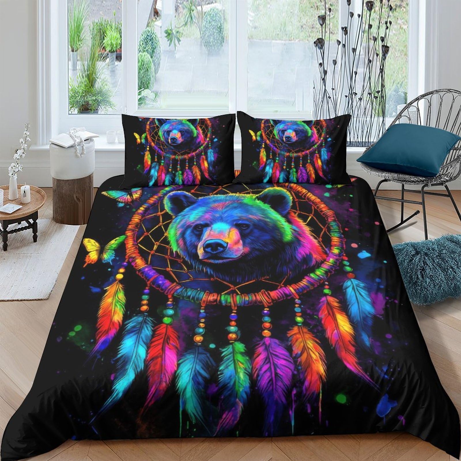 Ctjqhvkz Style-5 3D Printed Dreamcatcher Bear Fitted Sheet Microfiber Colourful Feather Mattress Cover For Bedroom Dorm Decor Easy Care Single（135X200cm）