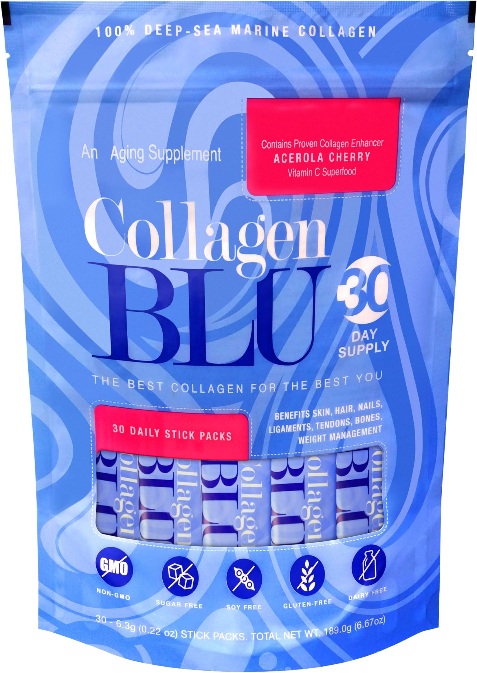 Collagen BLU Premium Marine Collagen with Superfood Derived Vitamin C for Best Absorption, Type 1 and 3, Non-GMO, Paleo & Keto Friendly, 30 Stick Packs