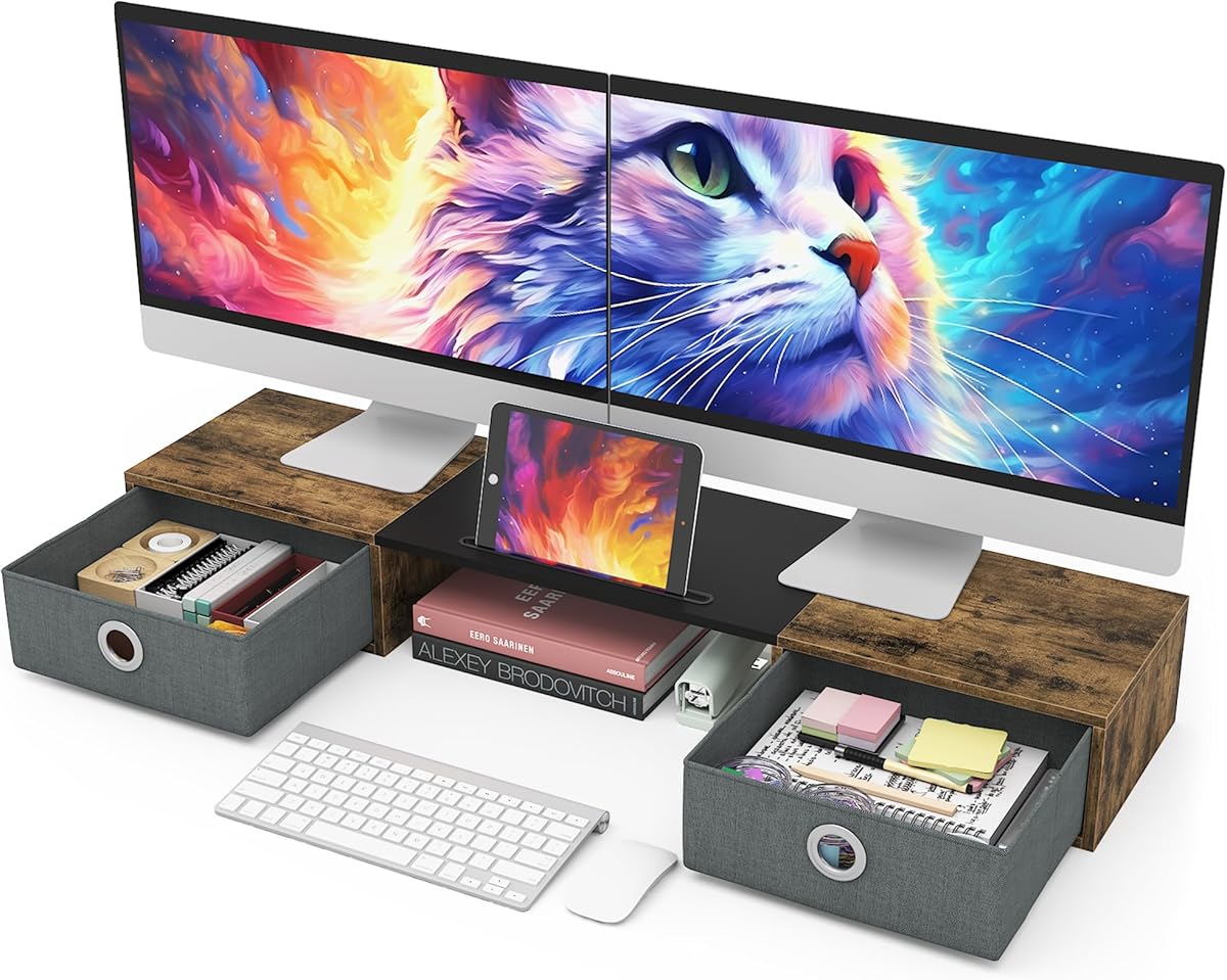 WESTREE Dual Monitor Stand Riser with Two Drawers, Extra Large Storage for 2 Monitors, Desktop Oraganizer Computer,Laptop,Screen,Printer,TV