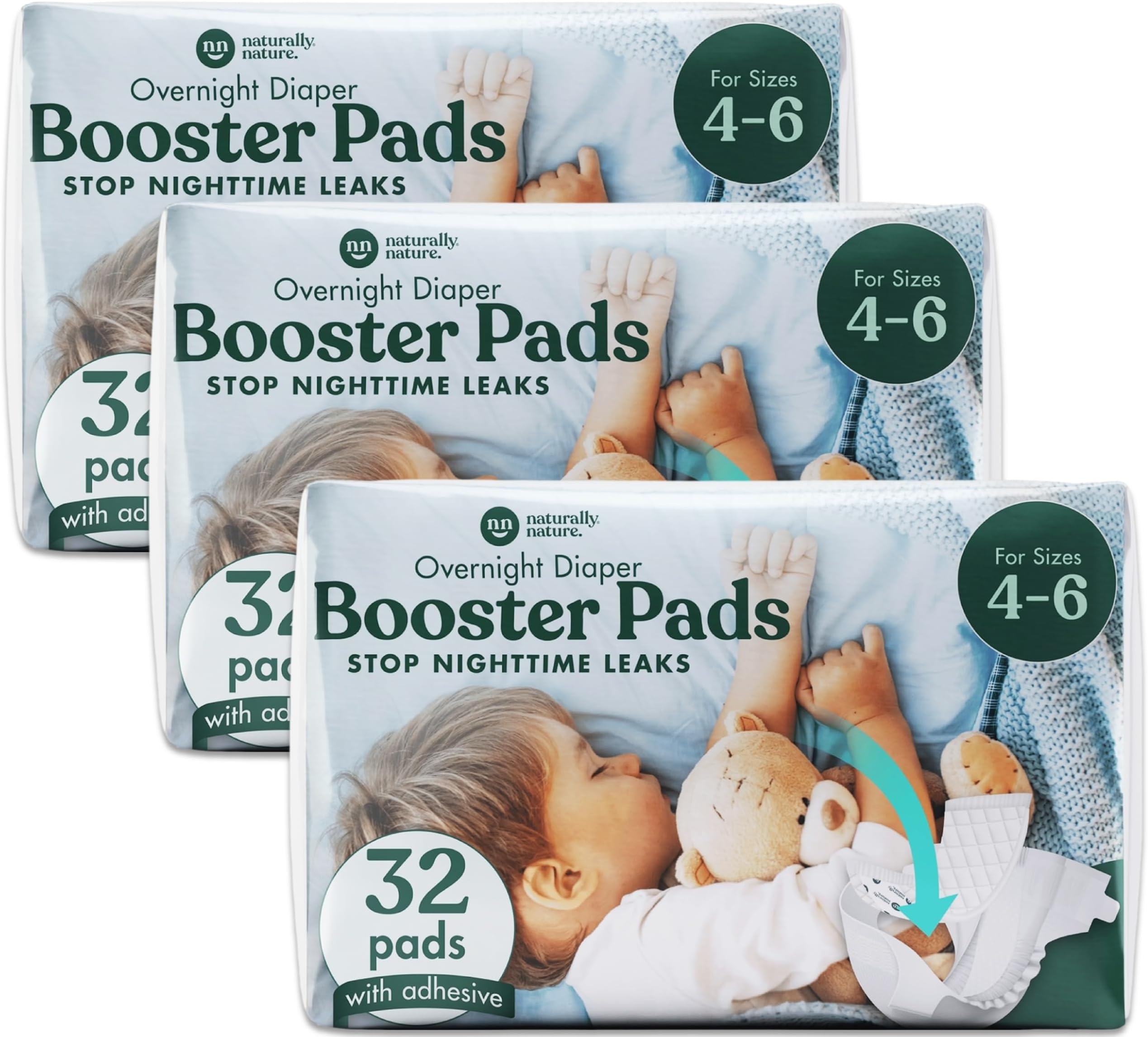 Naturally Nature Overnight Diaper Booster Pads, Stops Overnight Leaking, Diaper Liners for Toddler, Nighttime Diapers Size 5, Adhesive Pad for Girls, Boys, (3 Packs of 32 ct.)