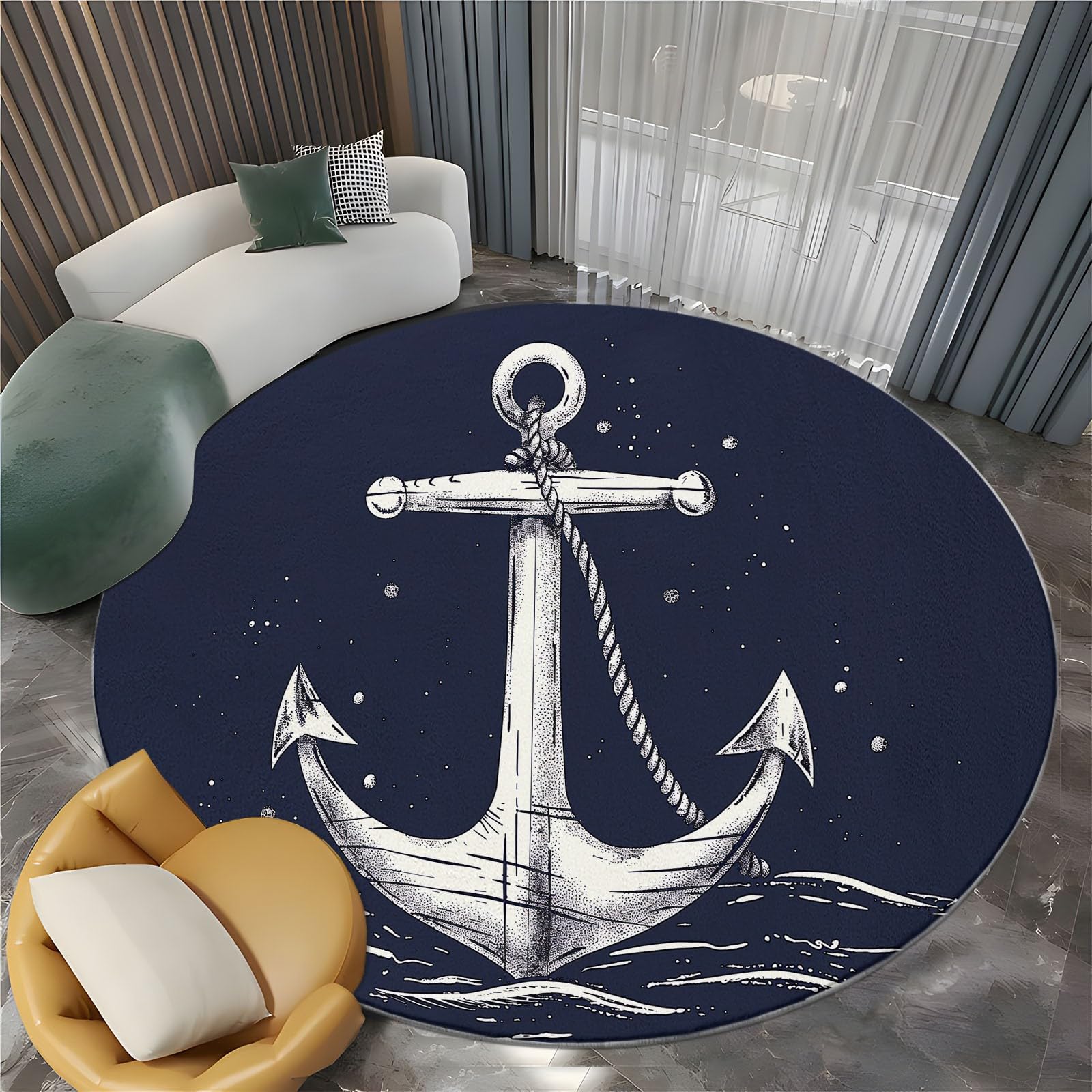 Bhoyctn Round Rug 5' x 5' Washable Circle Rug, Nautical Anchor Non Slip Low Pile Navy Blue Circular Rug for Bedroom Entrance Office Decor, Non