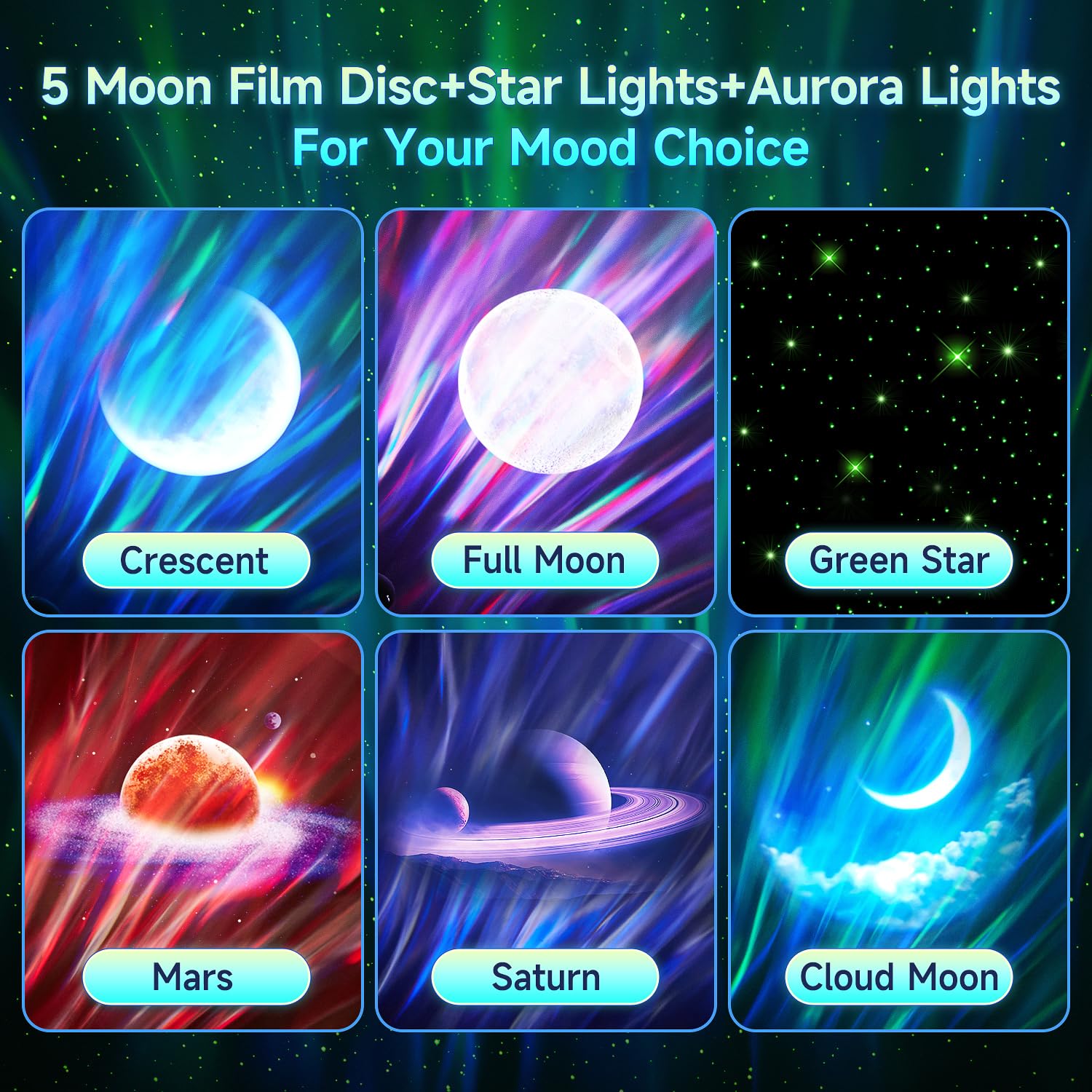 Projektor gwiaździstego nieba COOLNIGHT dla dzieci, 180 trybów świetlnych, 5 filmów księżyca, lampa Aurora Galaxy, 15 białych dźwięków nocnego nieba, projektor 5.3 HiFi Bluetooth, lampa polarnej