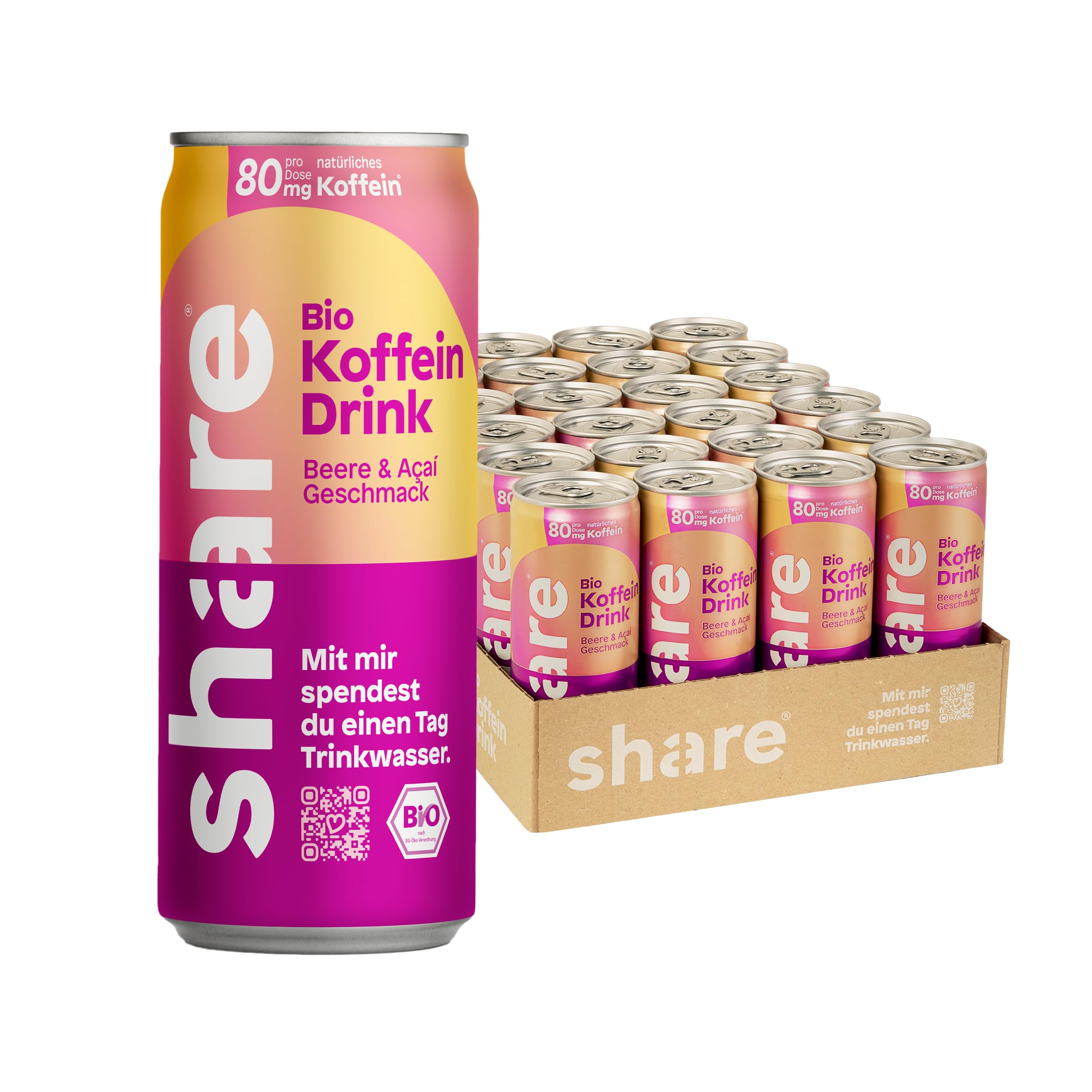 share Bio Koffein Drink Beere & Acai (24 x 250 ml) | Vegan, Koffeinhaltiges Erfrischungsgetränk, 80 mg natürliches Koffein aus Bio-Kaffeebohnen pro Dose, Jeder Kauf spendet