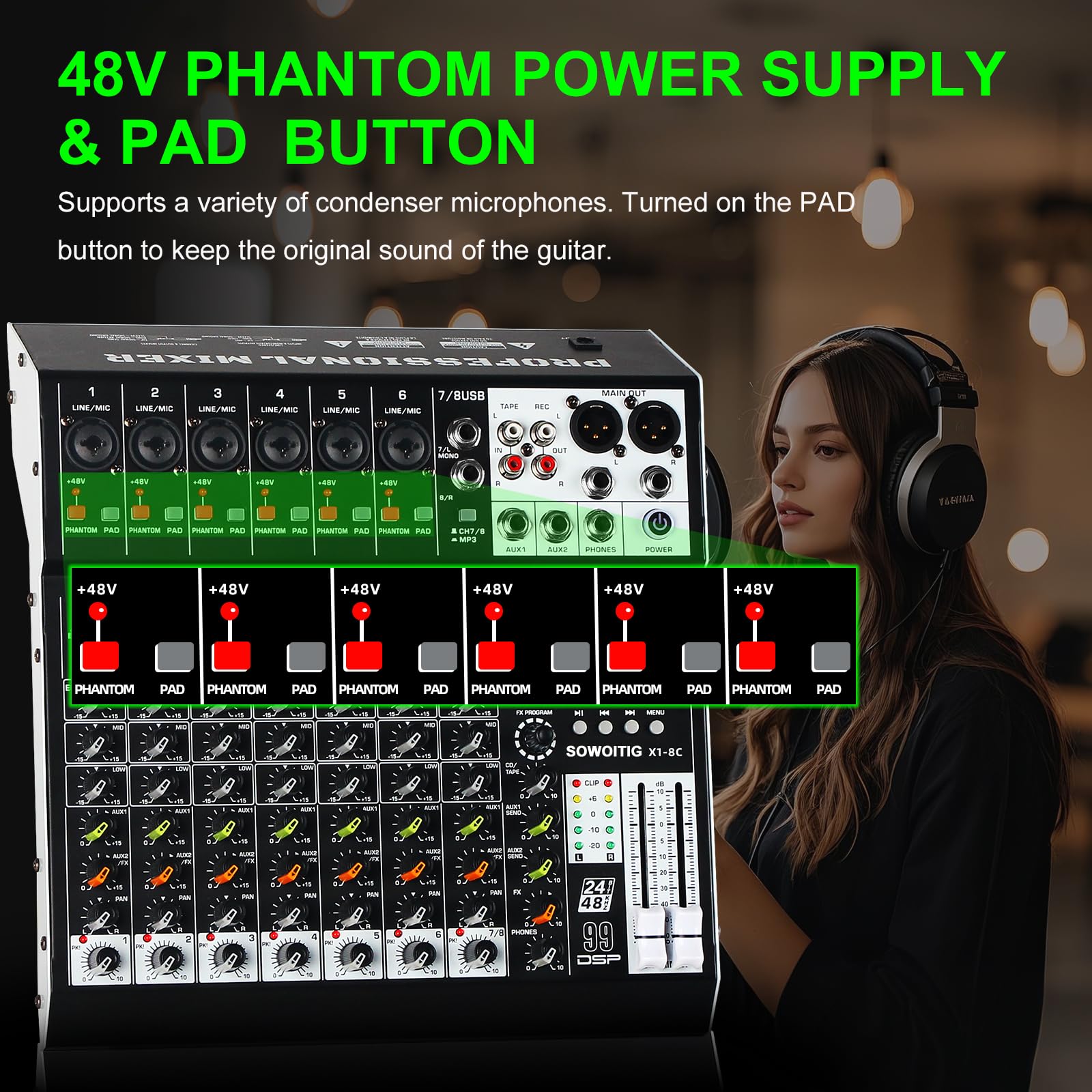 Mixer audio a 8 canali Mixer Console professionale con 99 effetti DSP, scheda di mixaggio del suono Mixer digitale DJ w/USB Bluetooth MP3 per la registrazione