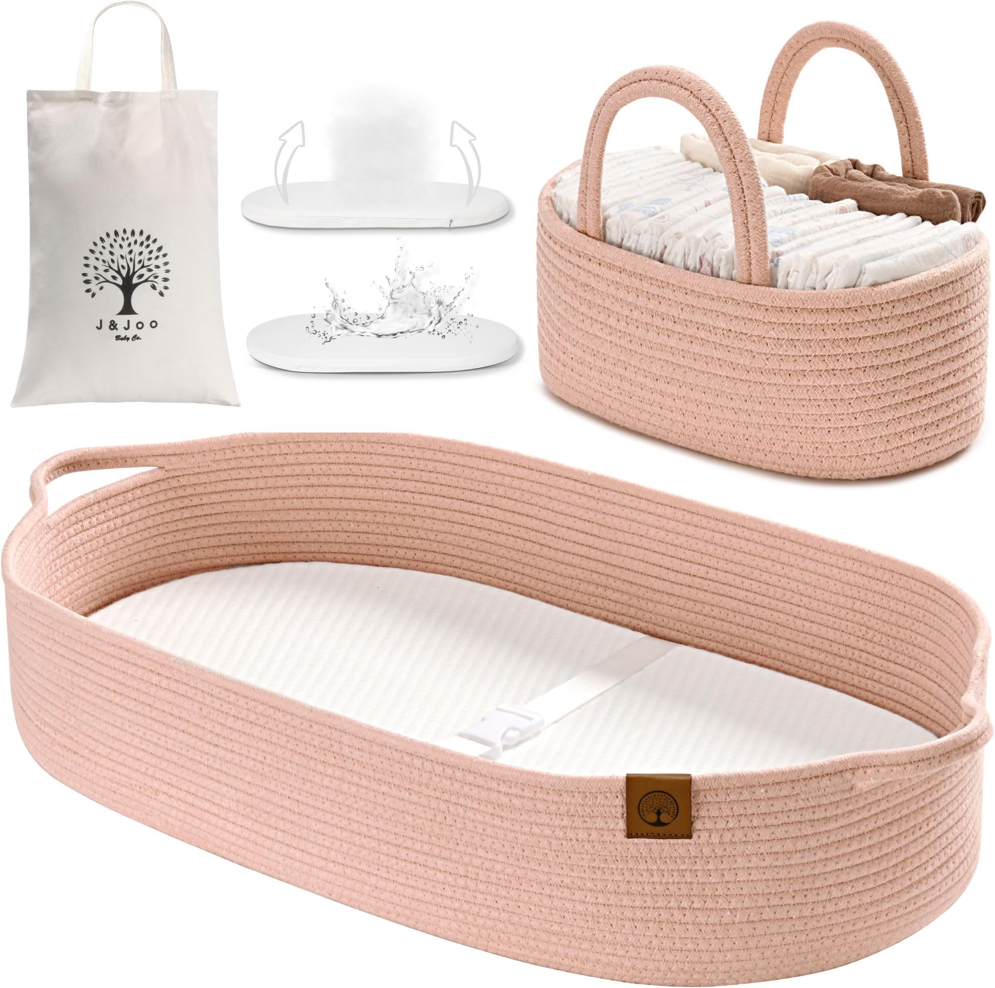 Baby Changing Basket - Breathable, Waterproof Covers, Wipeable Pad For Table Toper & Dresser, Cotton Rope (Coral Candy/Bamboo, Caddy Set)
