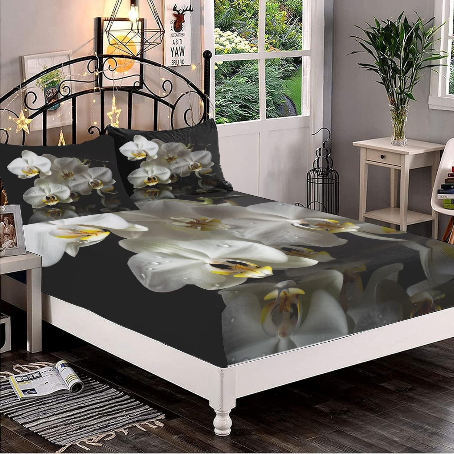 Prześcieradło z gumką 200 x 200 cm Magnolia Kwiaty 3D o wysokiej rozdzielczości, miękkie, oddychające dla 2 osób, prześcieradło z gumką - głęboka kieszeń 30 cm, biały zestaw pościeli dziecięcej z