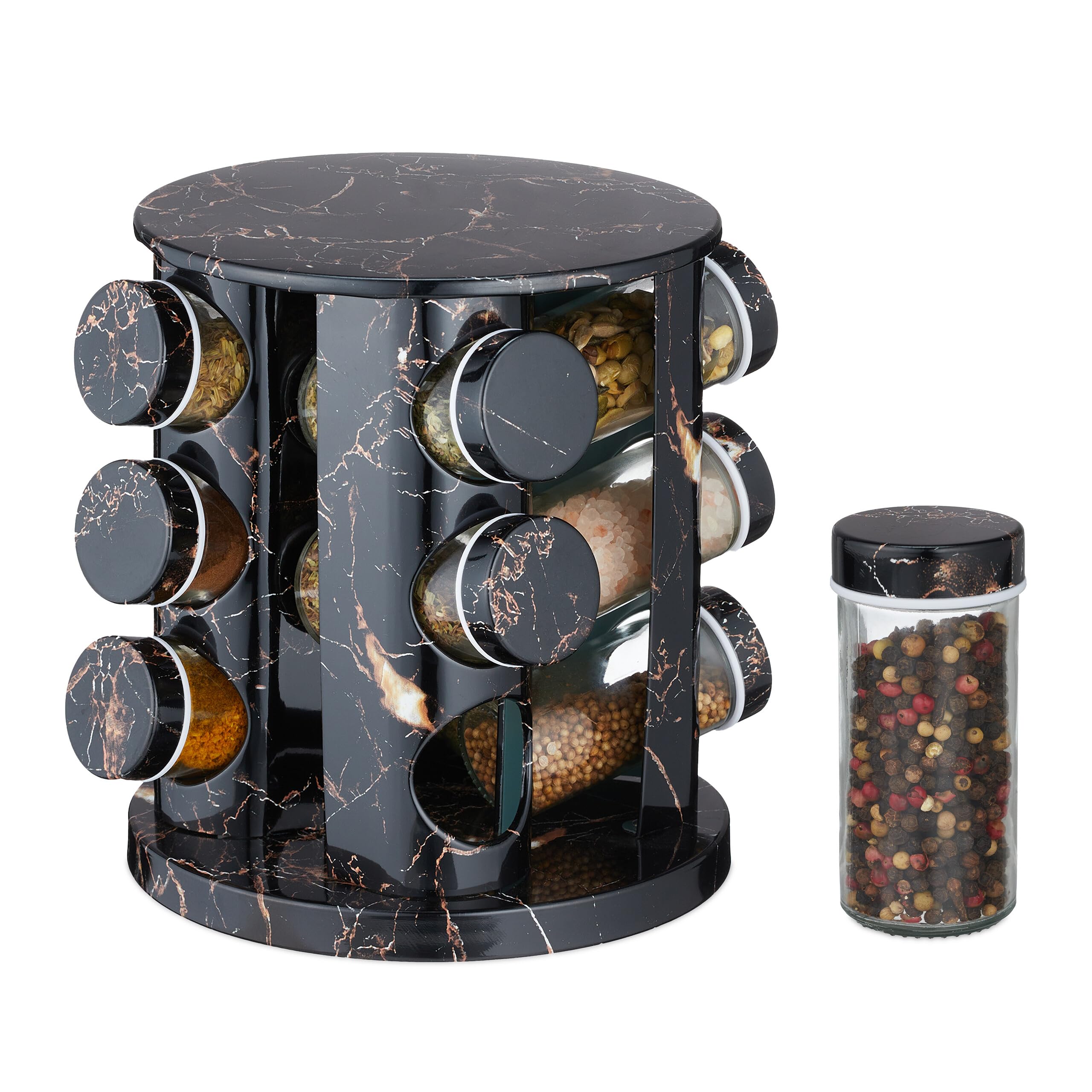 Relqxdays Tourniquet à épices, Rotatif, 12 Pots réutilisables, chacun avec Embout tamiseur, Effet marbre, Noir